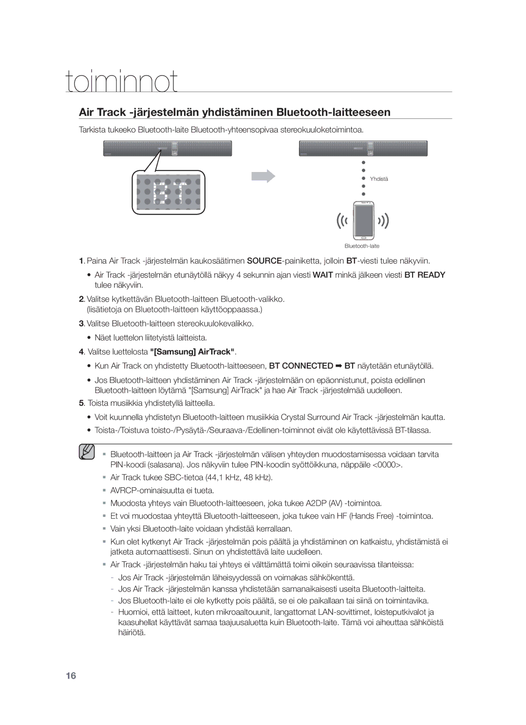 Samsung HW-F750/XE, HW-F751/XE manual Air Track -järjestelmän yhdistäminen Bluetooth-laitteeseen 