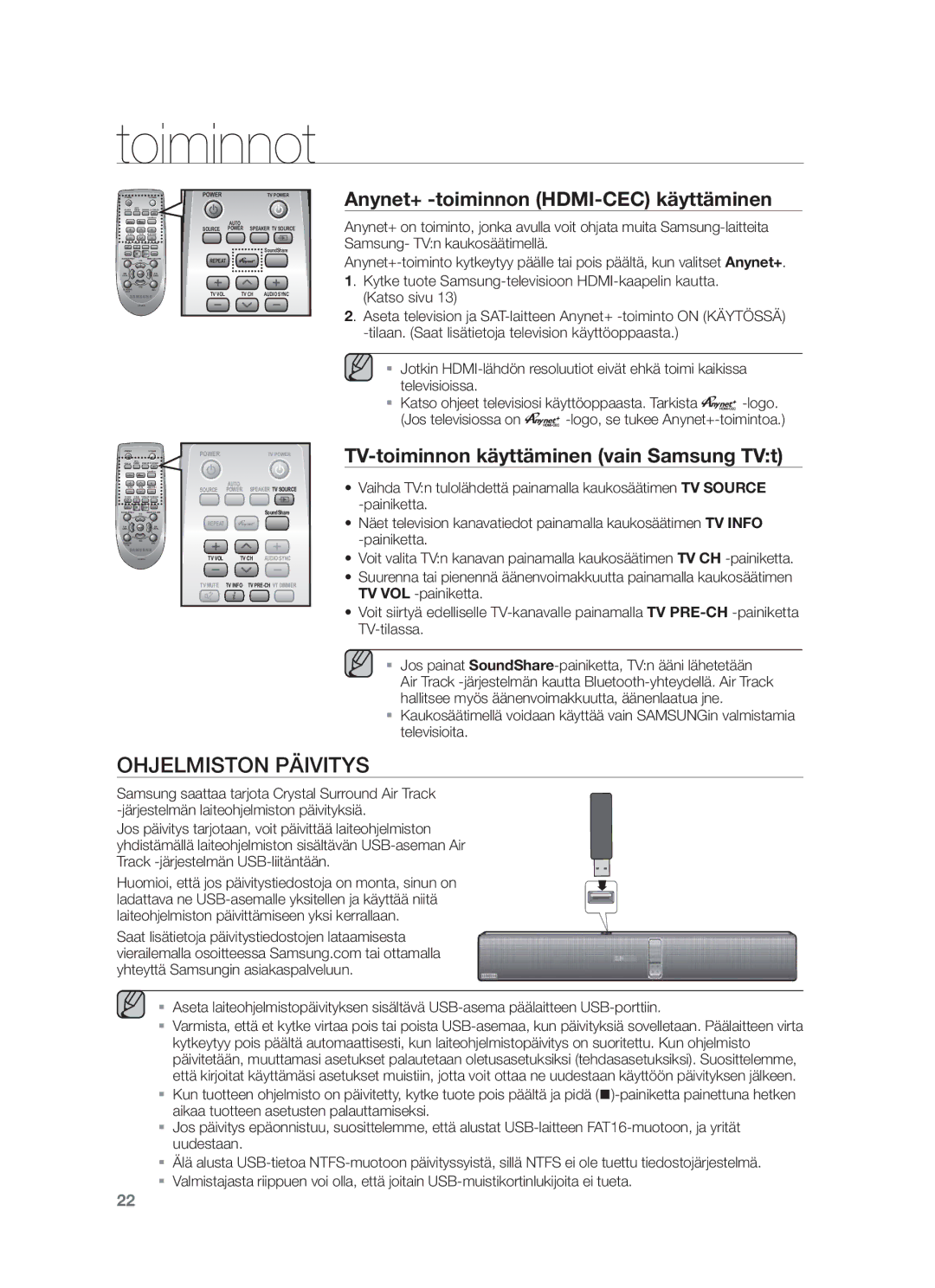 Samsung HW-F750/XE, HW-F751/XE manual Ohjelmiston Päivitys, Anynet+ -toiminnon HDMI-CEC käyttäminen, Katso sivu 