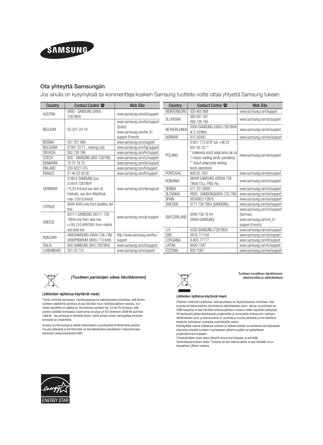 Samsung HW-F751/XE, HW-F750/XE manual Tuotteen paristojen oikea hävittäminen 