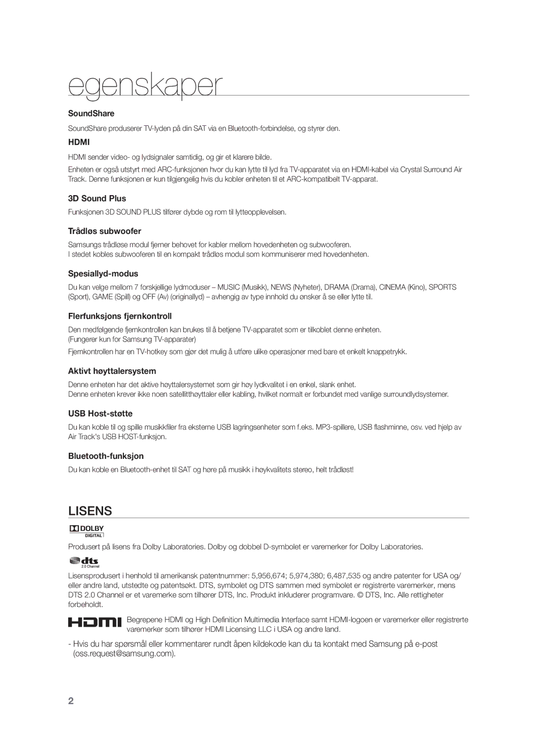 Samsung HW-F751/XE, HW-F750/XE manual Lisens, Aktivt høyttalersystem, USB Host-støtte, Bluetooth-funksjon 