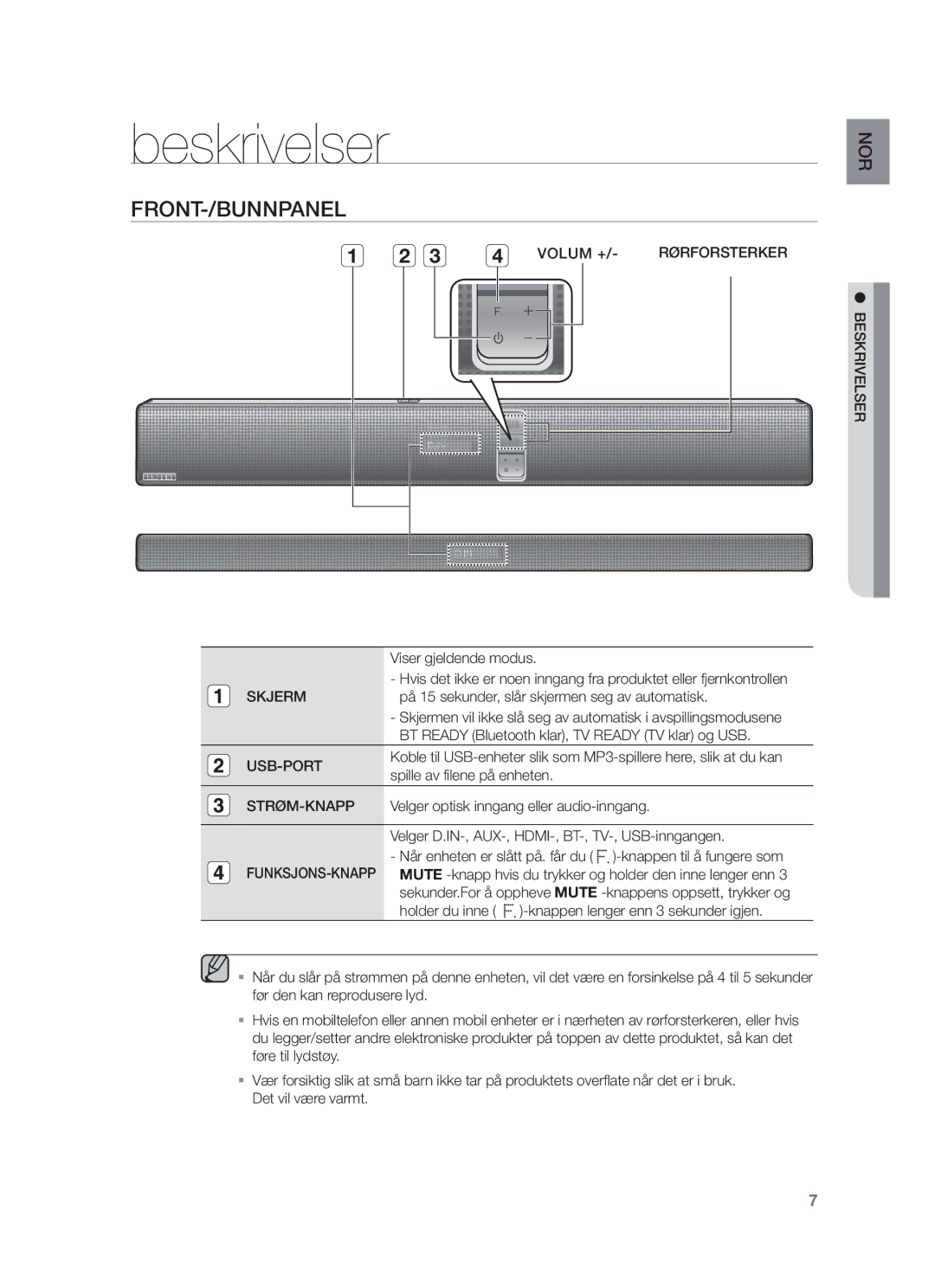 Samsung HW-F750/XE, HW-F751/XE manual Front-/Bunnpanel, Volum +/- Rørforsterker, Skjerm, Strøm-Knapp 