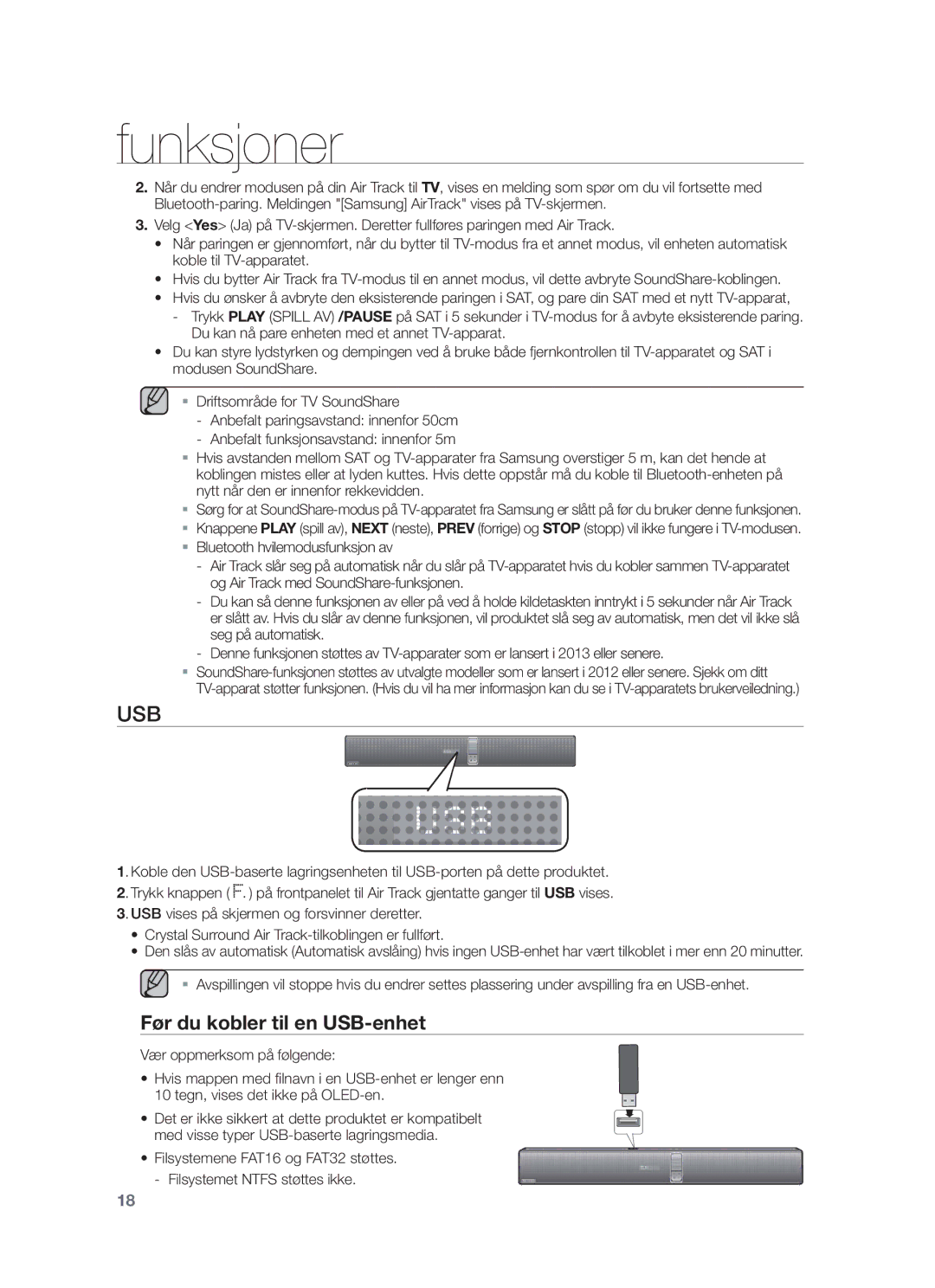 Samsung HW-F751/XE, HW-F750/XE manual Usb, Før du kobler til en USB-enhet 