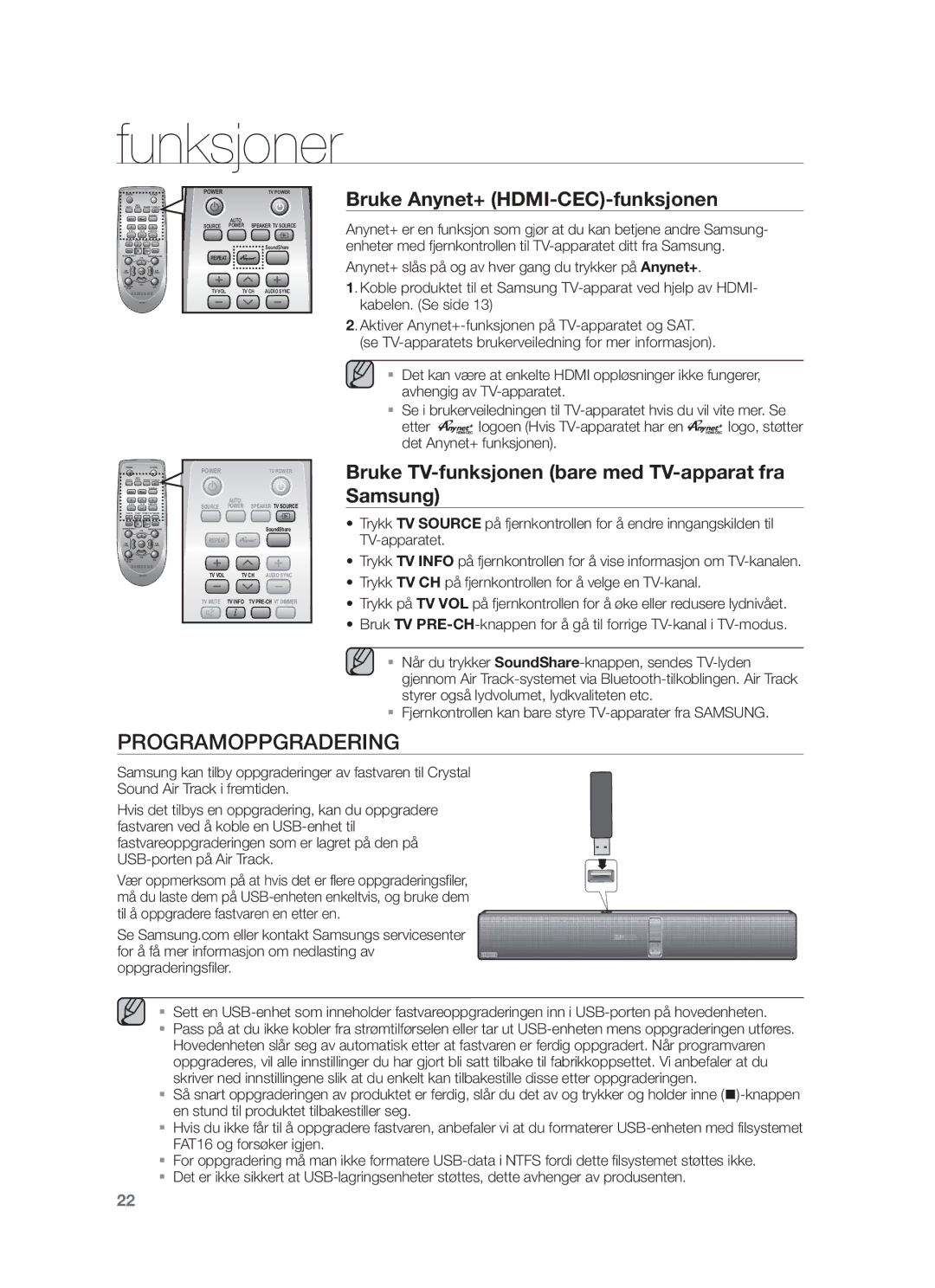 Samsung HW-F751/XE, HW-F750/XE manual Programoppgradering, Bruke Anynet+ HDMI-CEC-funksjonen 