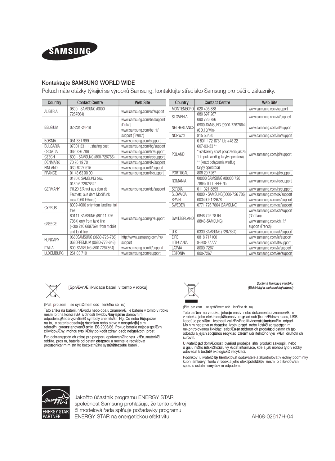 Samsung HW-F751/EN, HW-F750/EN, HW-F750/XE, HW-F751/XE manual Správná likvidace baterií v tomto výrobku 