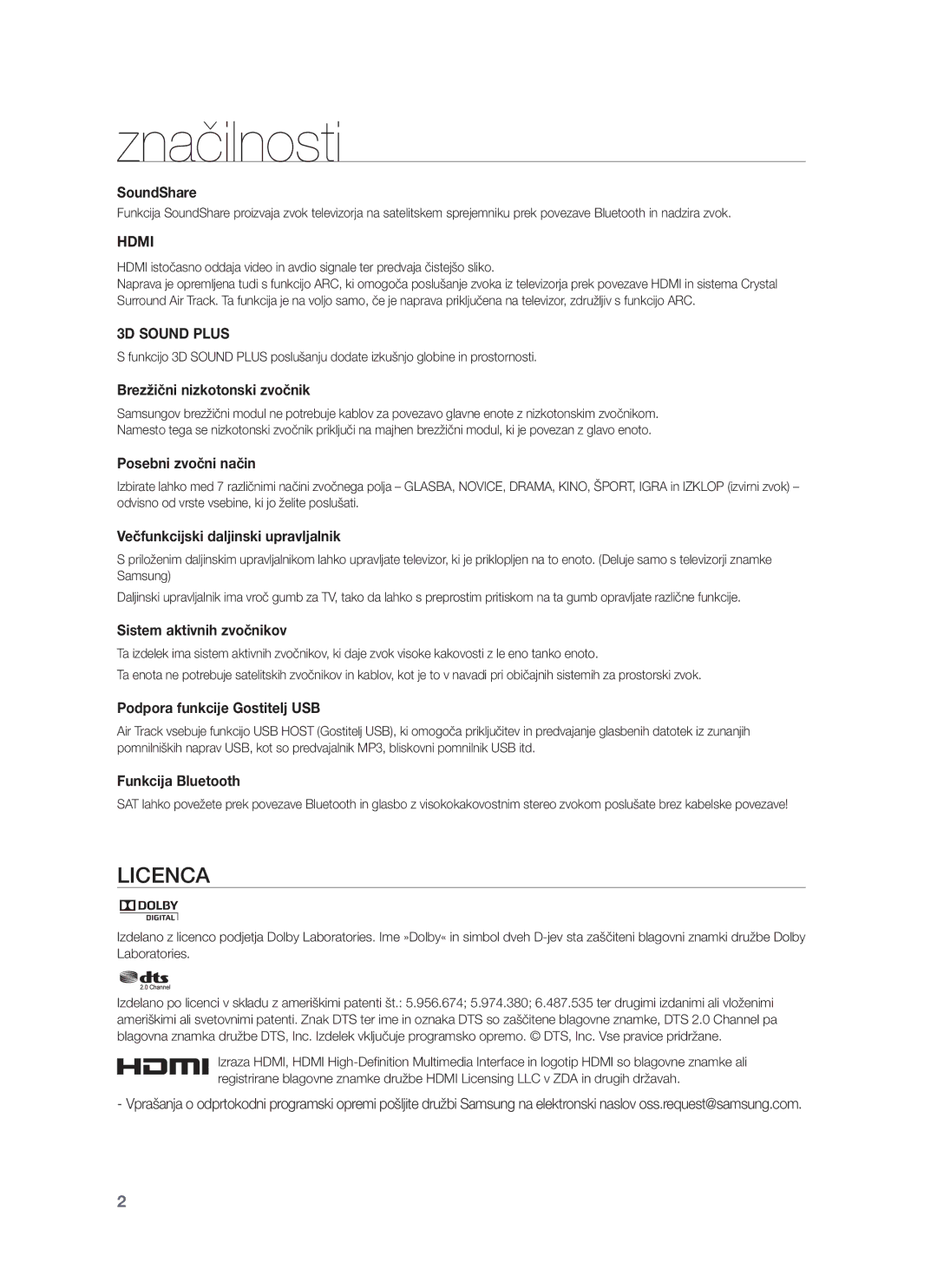 Samsung HW-F750/XE, HW-F751/EN, HW-F750/EN, HW-F751/XE manual Značilnosti, Licenca 