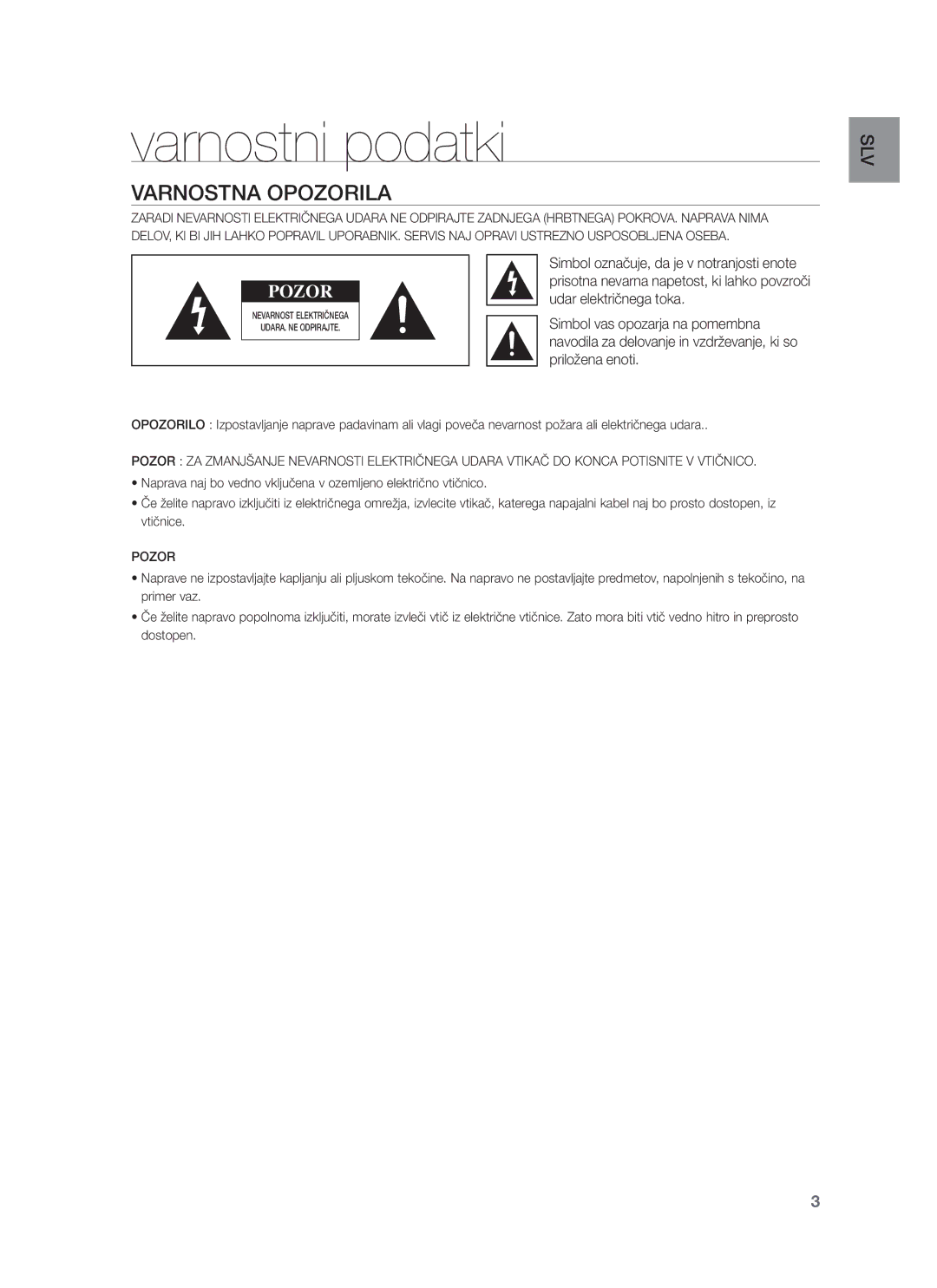 Samsung HW-F751/XE manual Varnostni podatki, Varnostna Opozorila, Udar električnega toka, Simbol vas opozarja na pomembna 