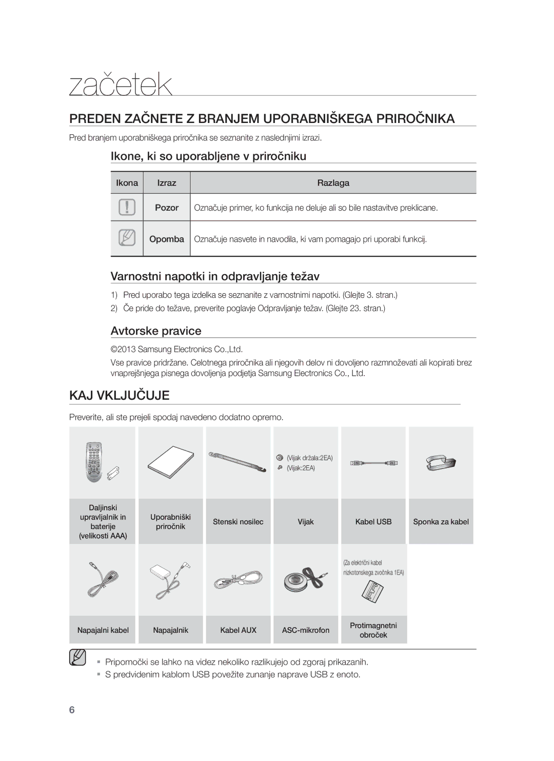 Samsung HW-F750/XE, HW-F751/EN, HW-F750/EN manual Začetek, Preden Začnete Z Branjem Uporabniškega Priročnika, KAJ Vključuje 