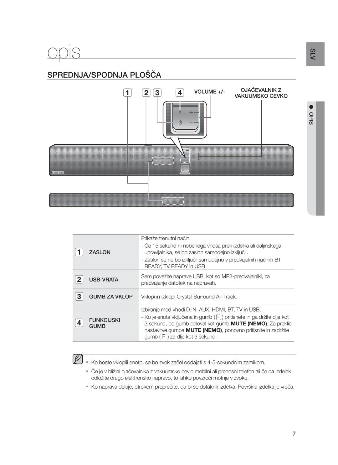 Samsung HW-F751/XE, HW-F751/EN, HW-F750/EN, HW-F750/XE manual Opis, SPREDNJA/SPODNJA Plošča 