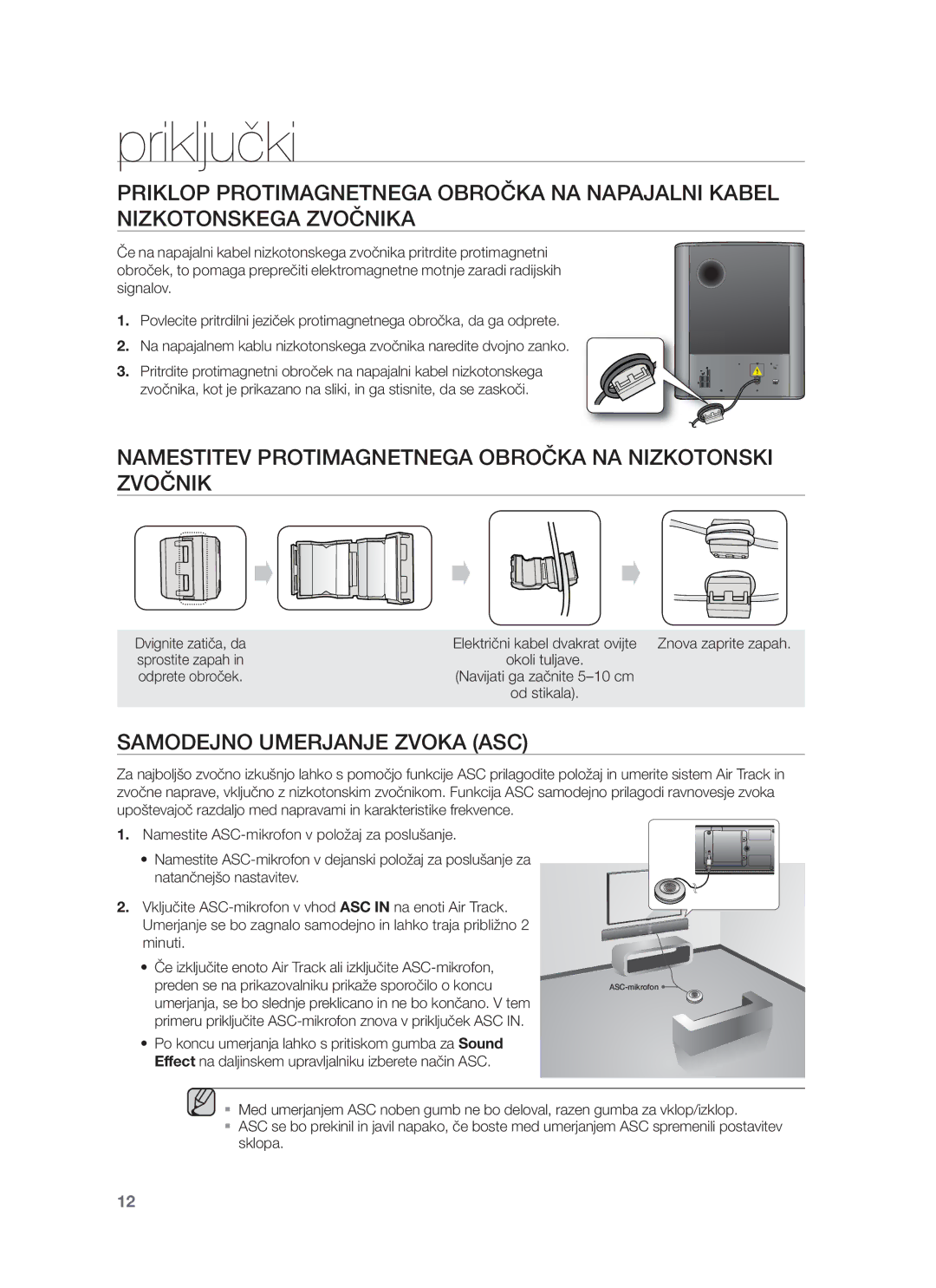 Samsung HW-F751/EN, HW-F750/EN Namestitev Protimagnetnega Obročka NA Nizkotonski Zvočnik, Samodejno Umerjanje Zvoka ASC 