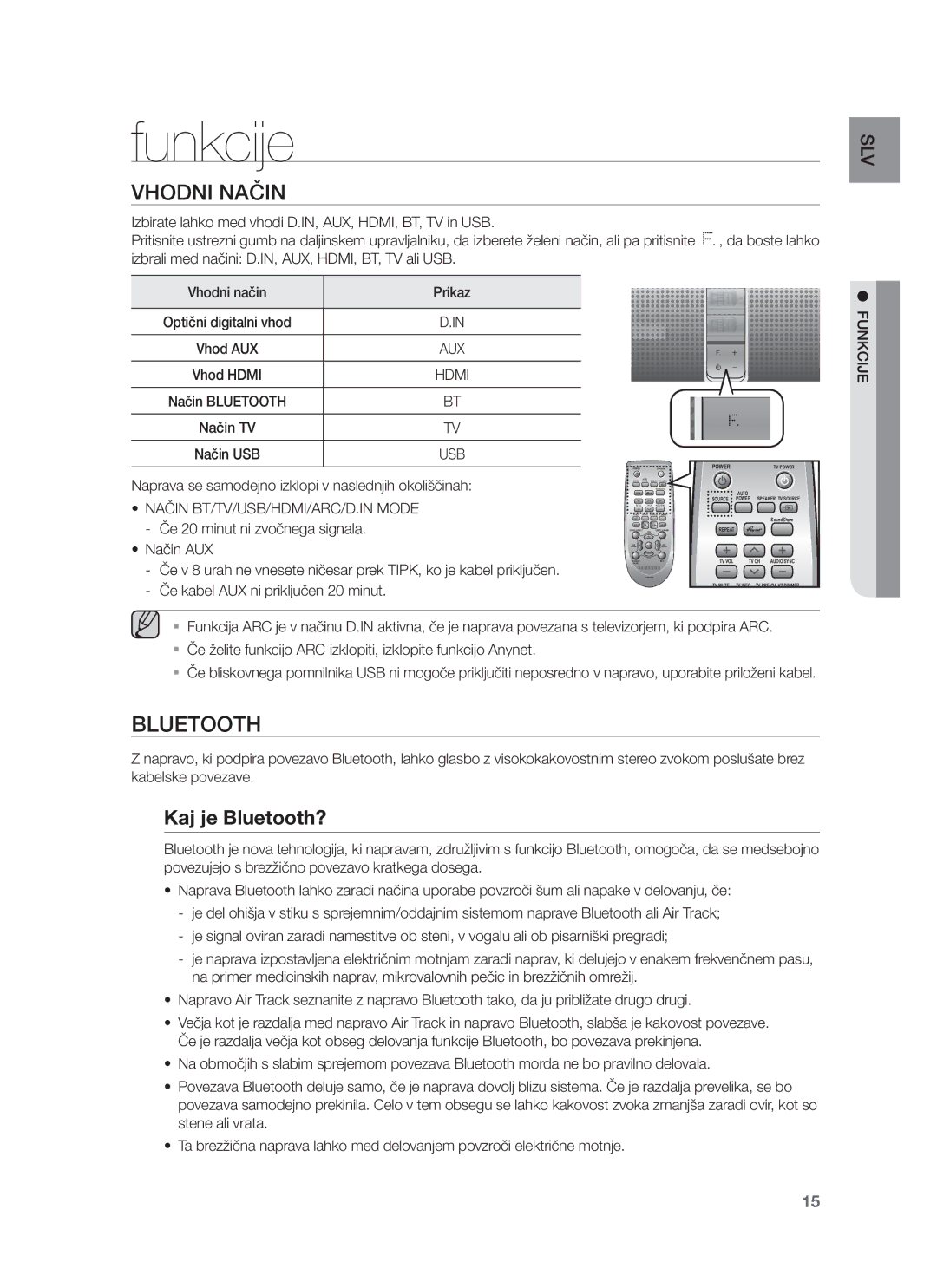 Samsung HW-F751/XE, HW-F751/EN, HW-F750/EN Funkcije, Vhodni Način, Kaj je Bluetooth?, Način BT/TV/USB/HDMI/ARC/D.IN Mode 