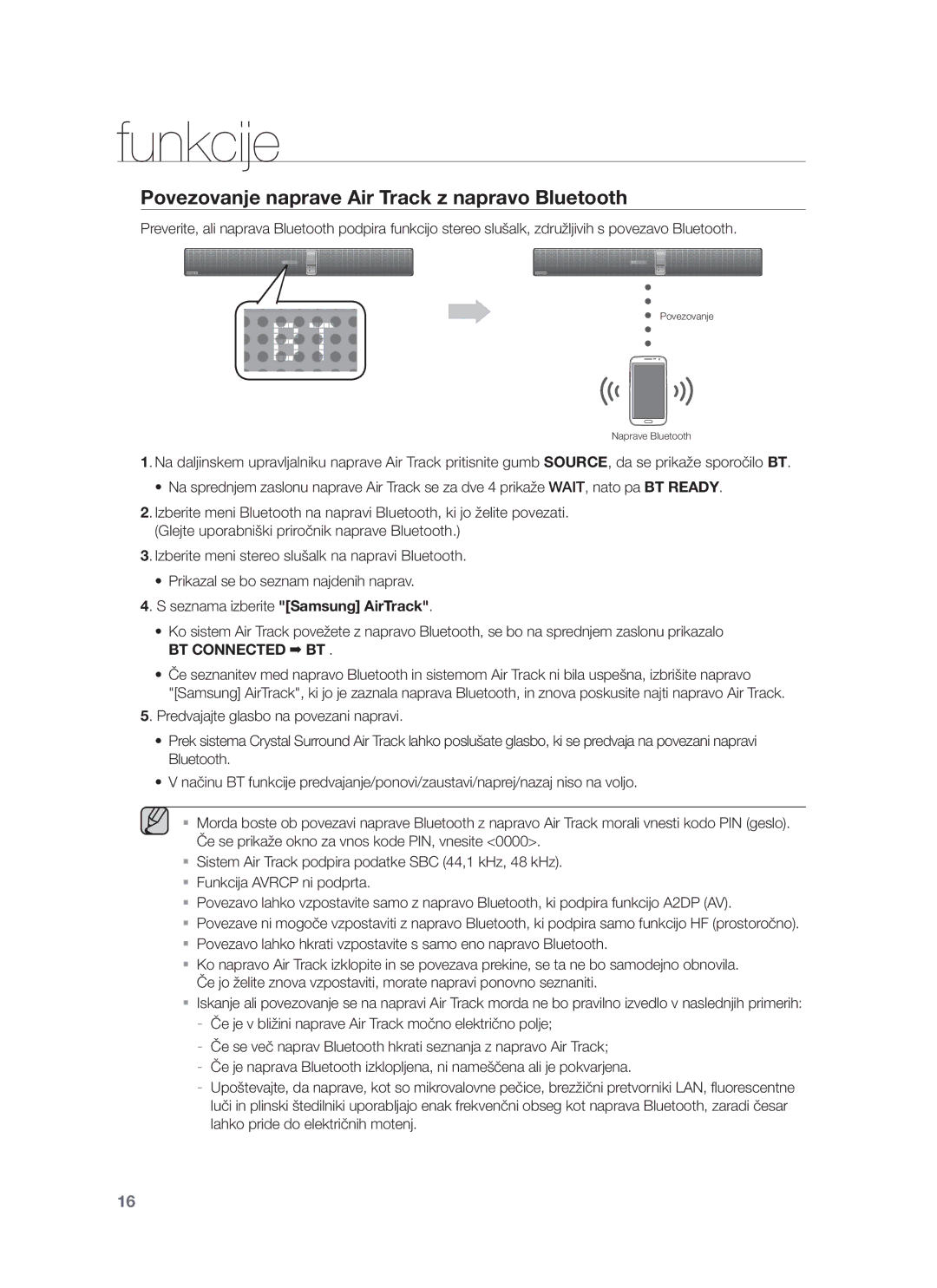 Samsung HW-F751/EN, HW-F750/EN, HW-F750/XE, HW-F751/XE Povezovanje naprave Air Track z napravo Bluetooth, BT Connected BT 