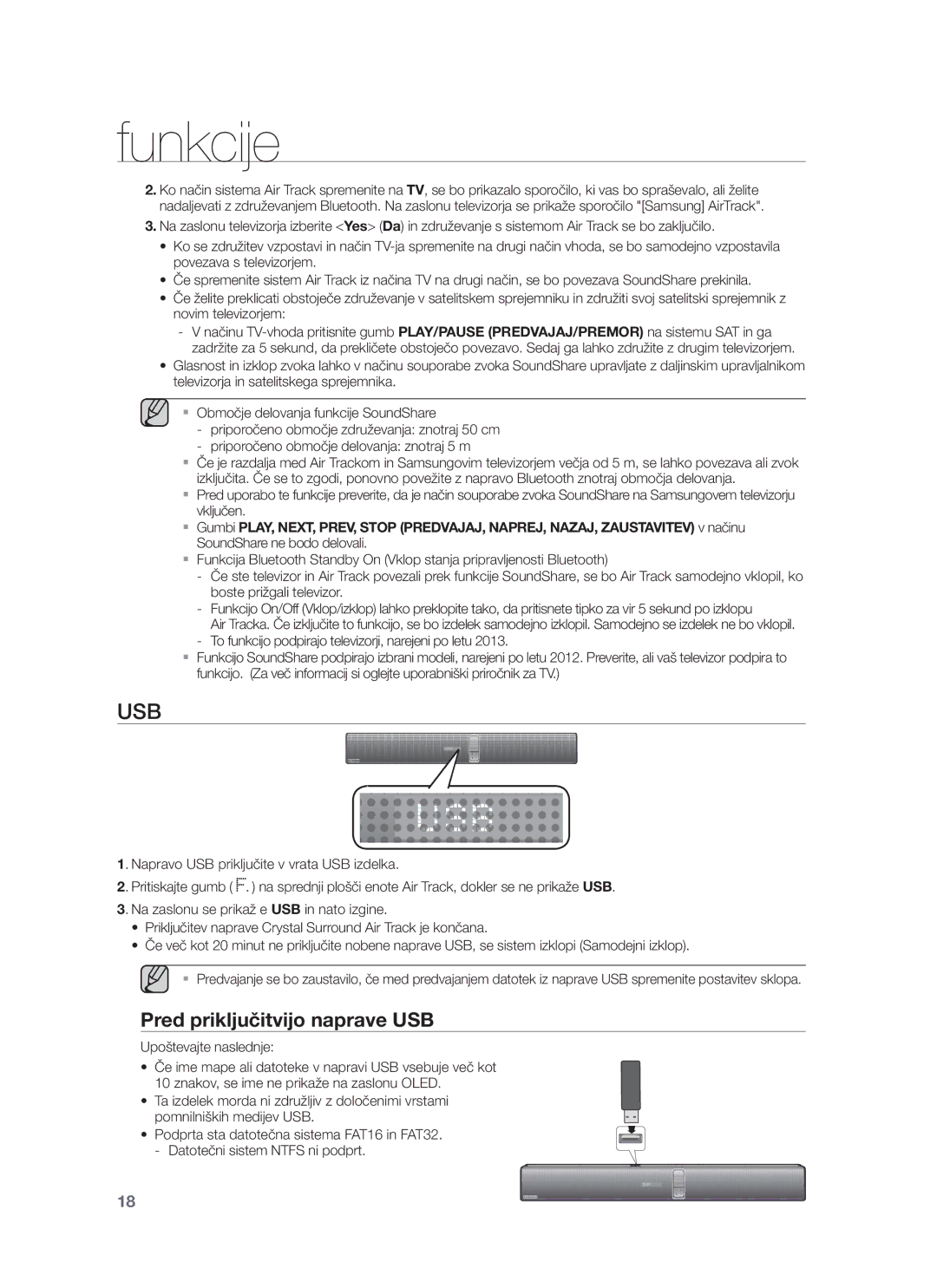 Samsung HW-F750/XE, HW-F751/EN, HW-F750/EN, HW-F751/XE manual Usb, Pred priključitvijo naprave USB 