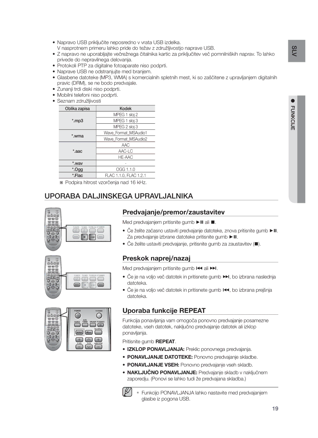 Samsung HW-F751/XE, HW-F751/EN Uporaba Daljinskega Upravljalnika, Predvajanje/premor/zaustavitev, Preskok naprej/nazaj 