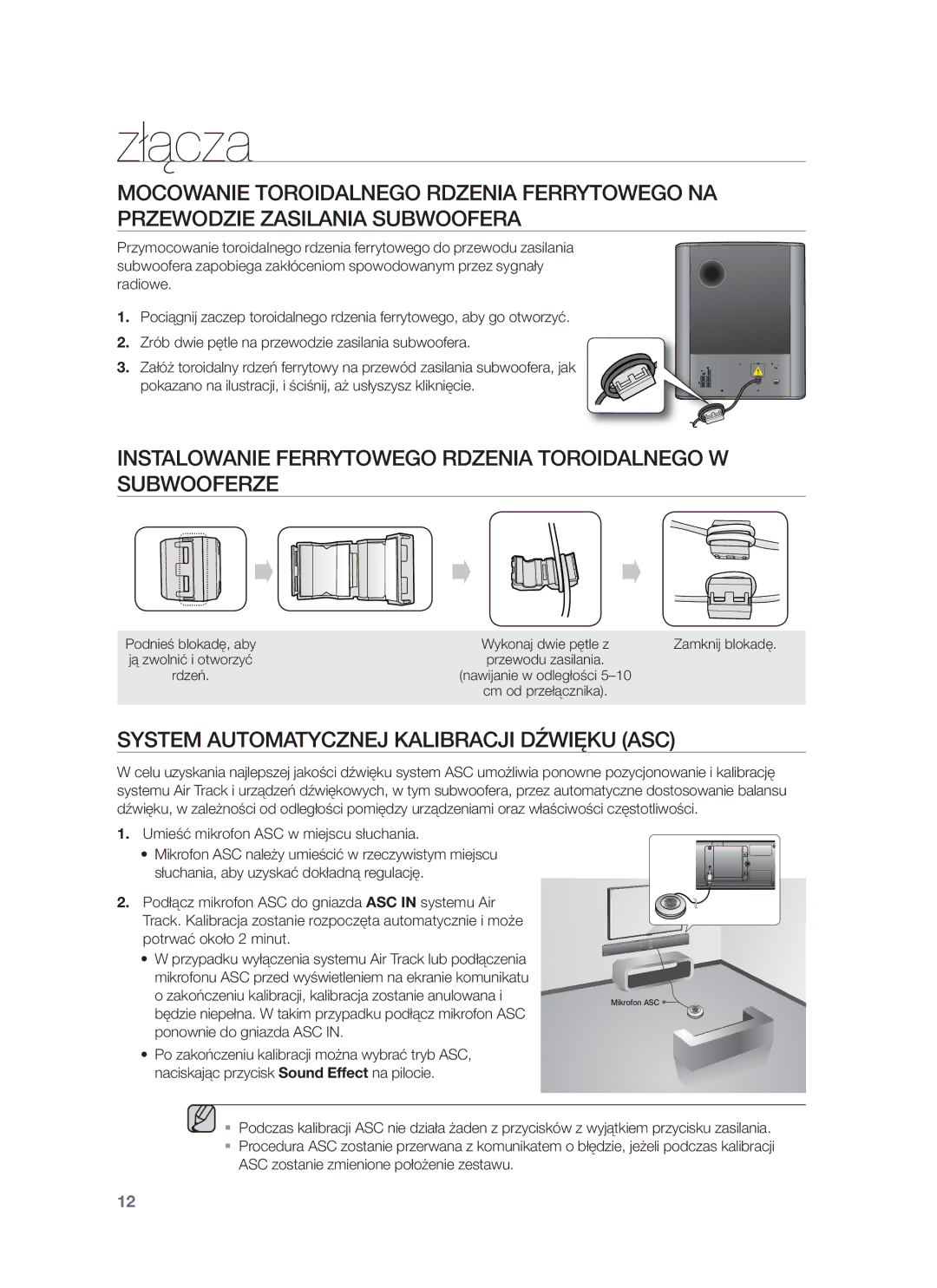 Samsung HW-F751/EN Instalowanie Ferrytowego Rdzenia Toroidalnego W Subwooferze, Umieść mikrofon ASC w miejscu słuchania 