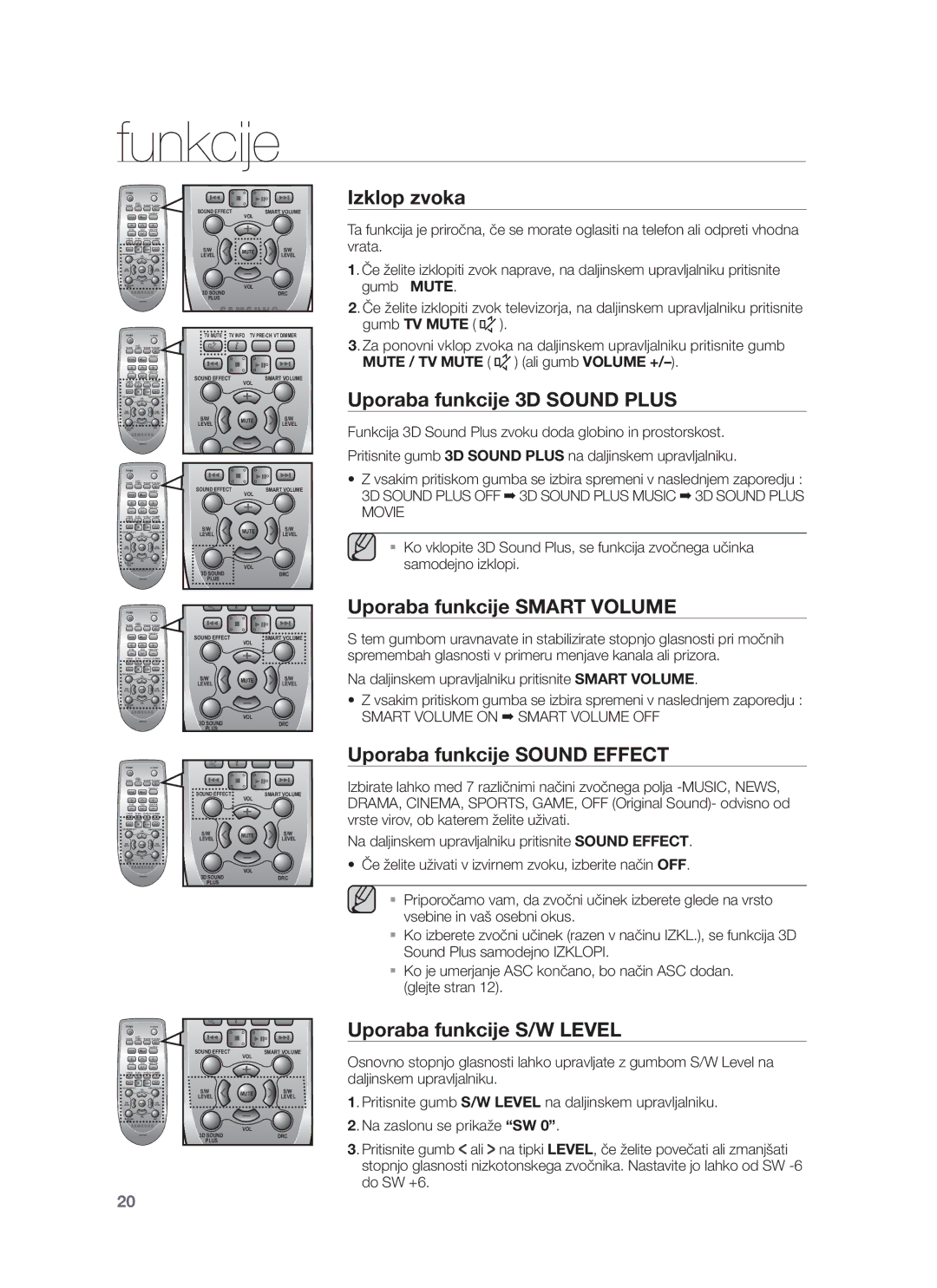 Samsung HW-F751/EN Izklop zvoka, Uporaba funkcije 3D Sound Plus, Uporaba funkcije Smart Volume, Uporaba funkcije S/W Level 