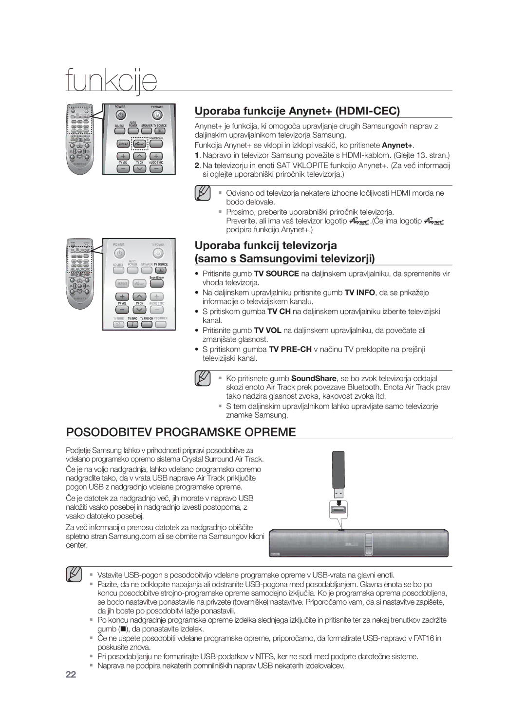 Samsung HW-F750/XE, HW-F751/EN, HW-F750/EN, HW-F751/XE manual Posodobitev Programske Opreme, Uporaba funkcije Anynet+ HDMI-CEC 