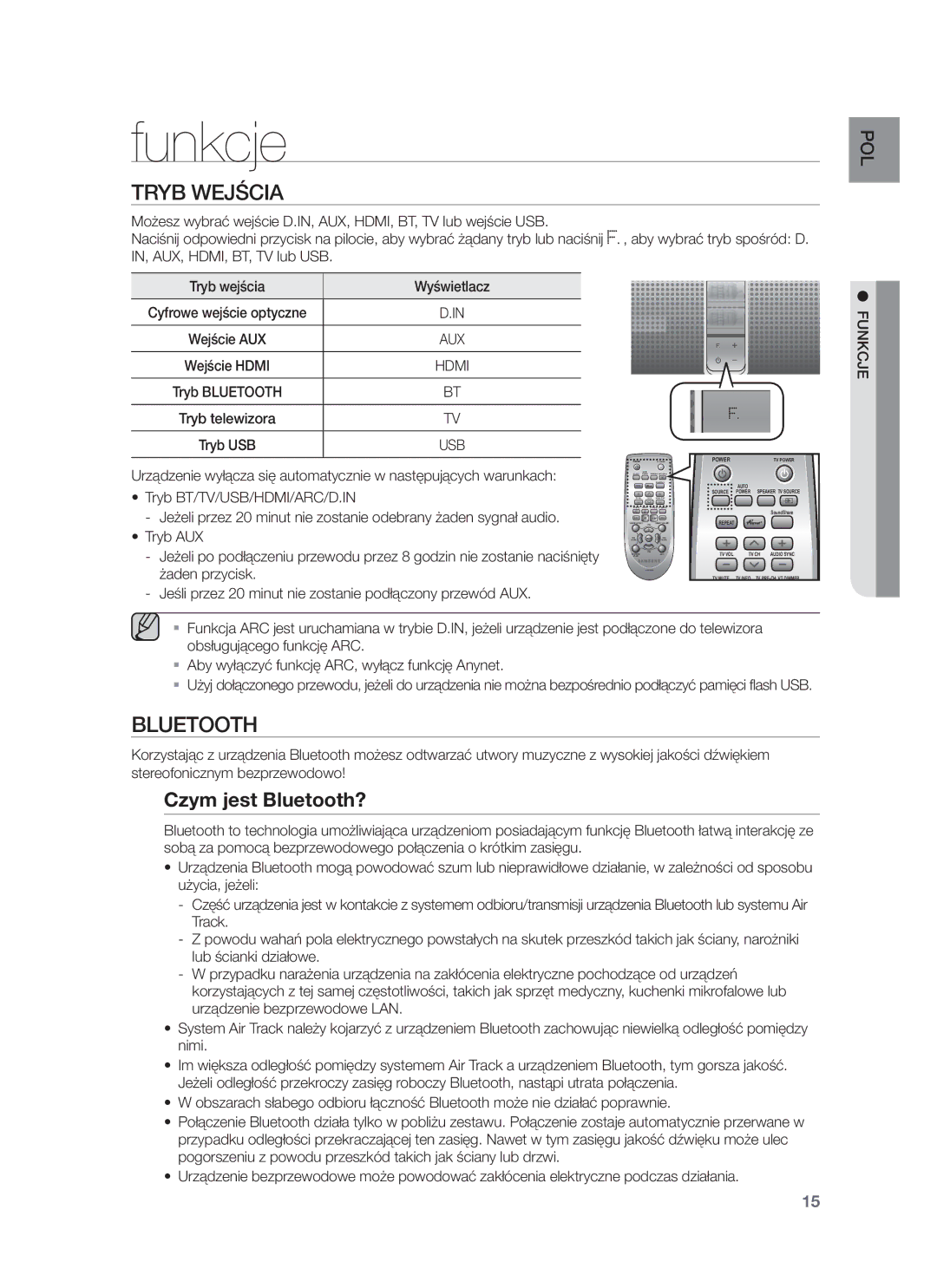 Samsung HW-F751/XE, HW-F751/EN, HW-F750/EN, HW-F750/XE manual Funkcje, Tryb Wejścia, Czym jest Bluetooth? 