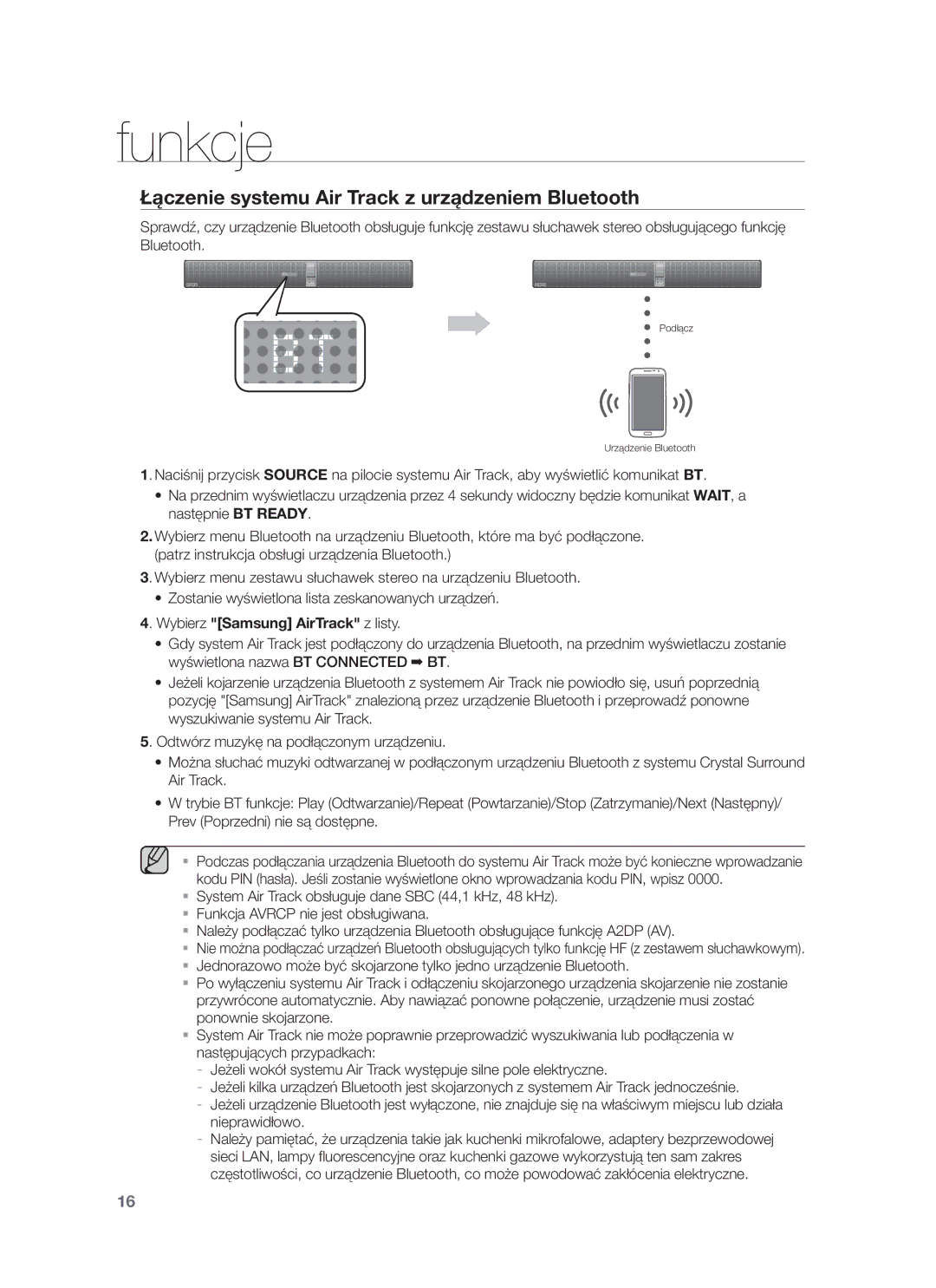 Samsung HW-F751/EN, HW-F750/EN manual Łączenie systemu Air Track z urządzeniem Bluetooth, Wybierz Samsung AirTrack z listy 