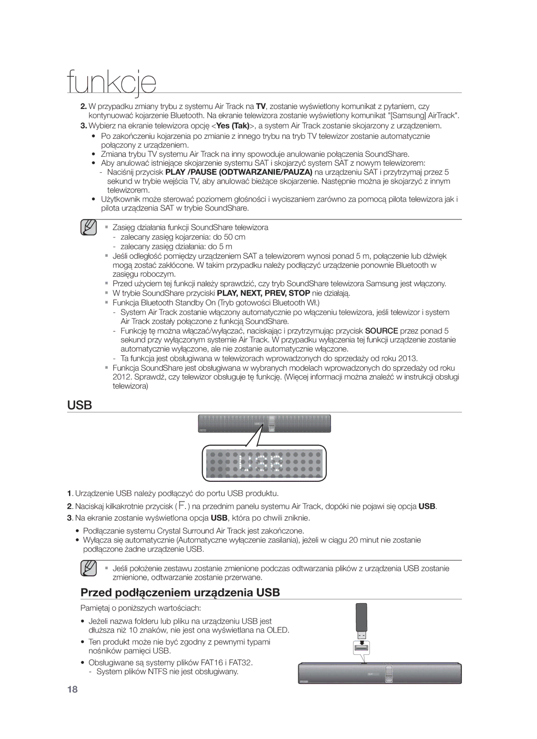 Samsung HW-F750/XE, HW-F751/EN, HW-F750/EN, HW-F751/XE manual Usb, Przed podłączeniem urządzenia USB 