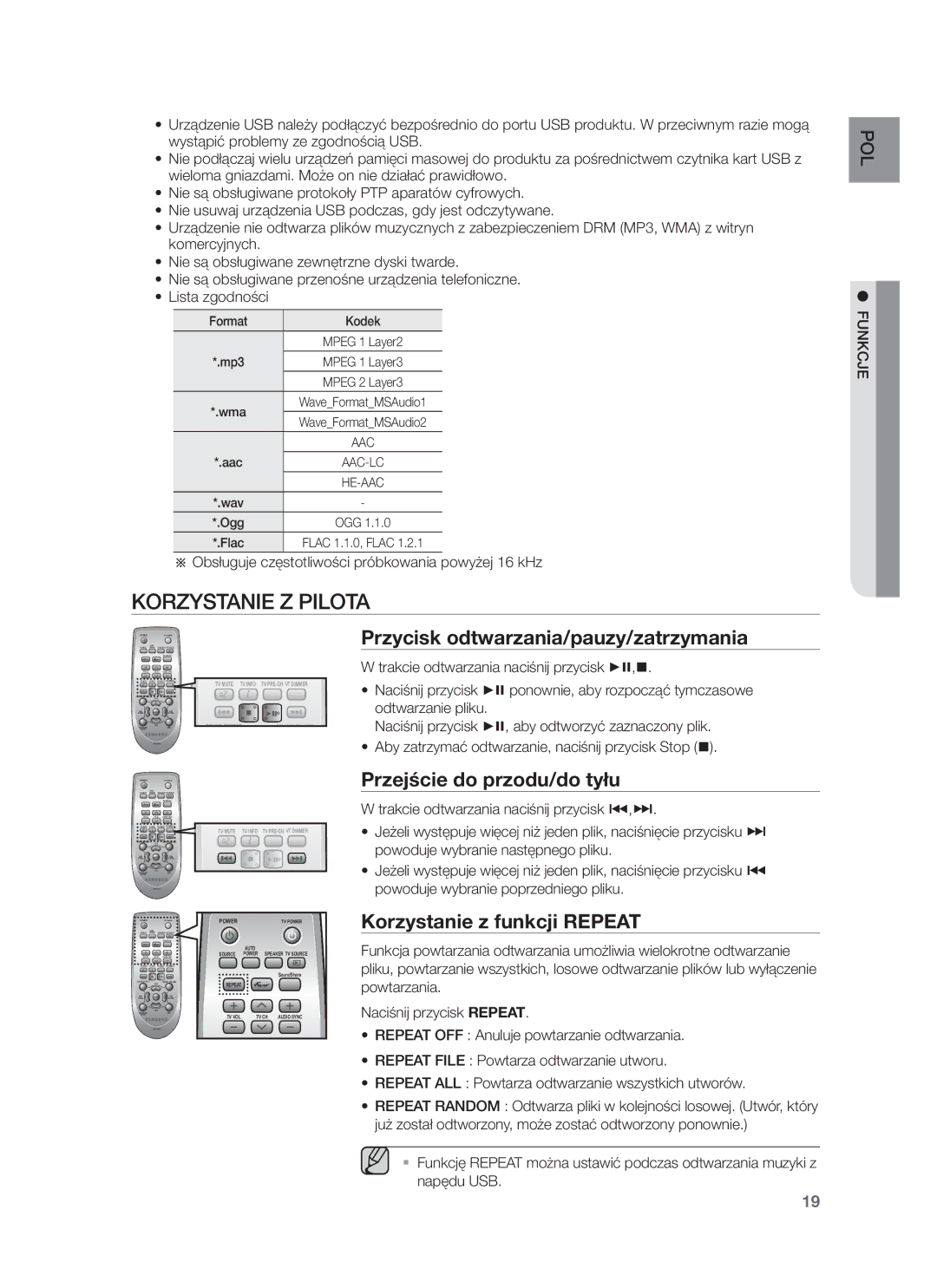 Samsung HW-F751/XE, HW-F751/EN Korzystanie Z Pilota, Przycisk odtwarzania/pauzy/zatrzymania, Przejście do przodu/do tyłu 