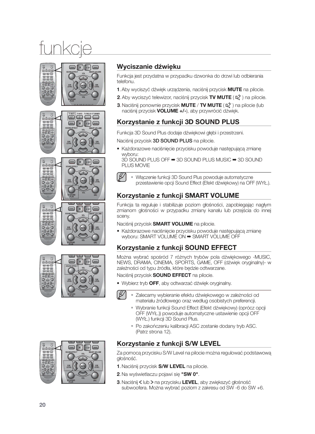 Samsung HW-F751/EN, HW-F750/EN Wyciszanie dźwięku, Korzystanie z funkcji 3D Sound Plus, Korzystanie z funkcji Smart Volume 