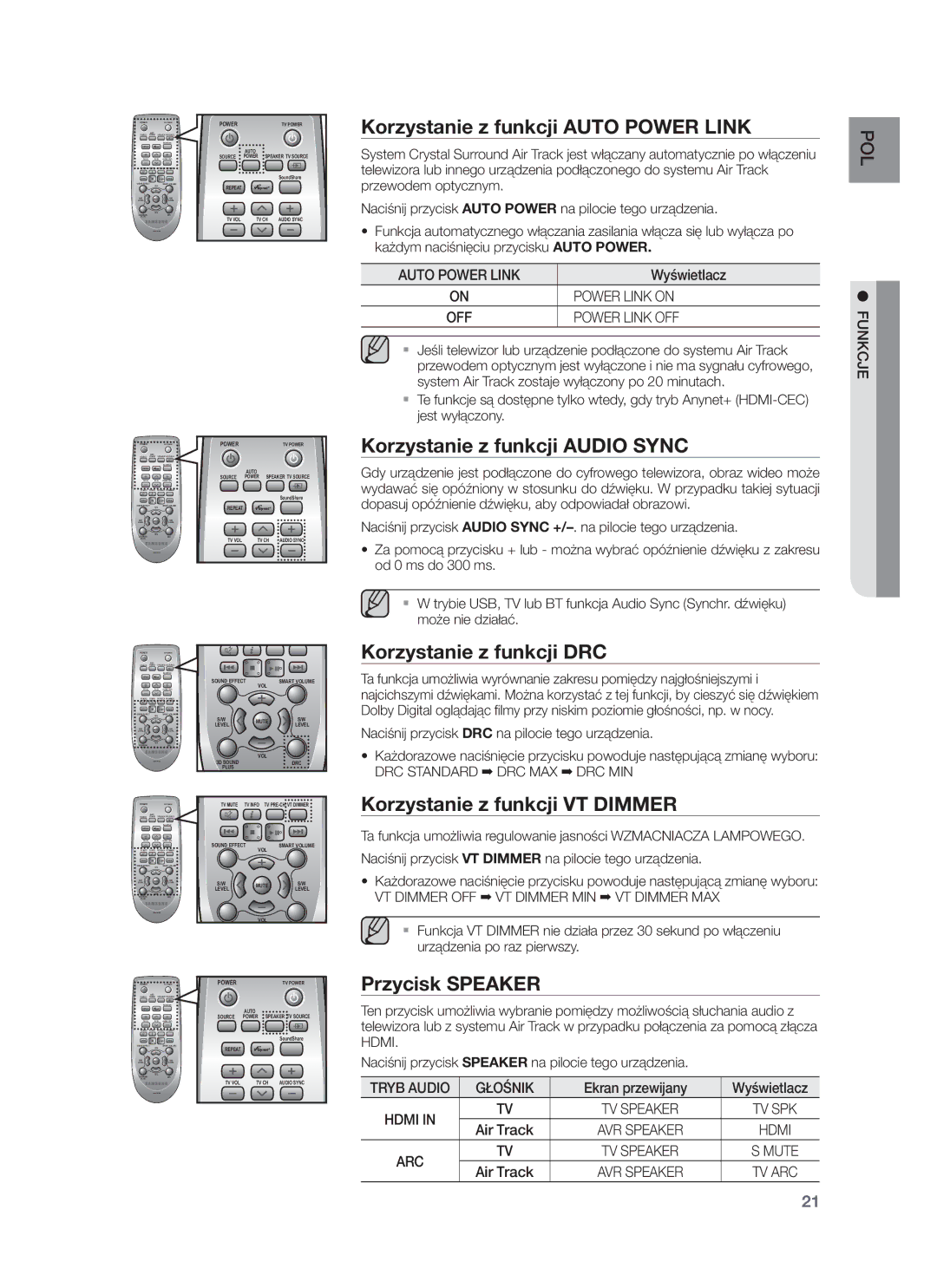 Samsung HW-F750/EN Korzystanie z funkcji Auto Power Link, Korzystanie z funkcji Audio Sync, Korzystanie z funkcji DRC 