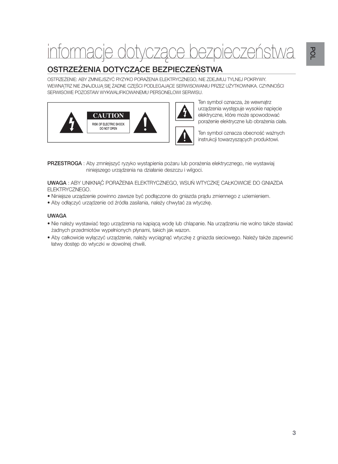 Samsung HW-F751/XE, HW-F751/EN, HW-F750/EN, HW-F750/XE manual Ostrzeżenia Dotyczące Bezpieczeństwa, Uwaga 