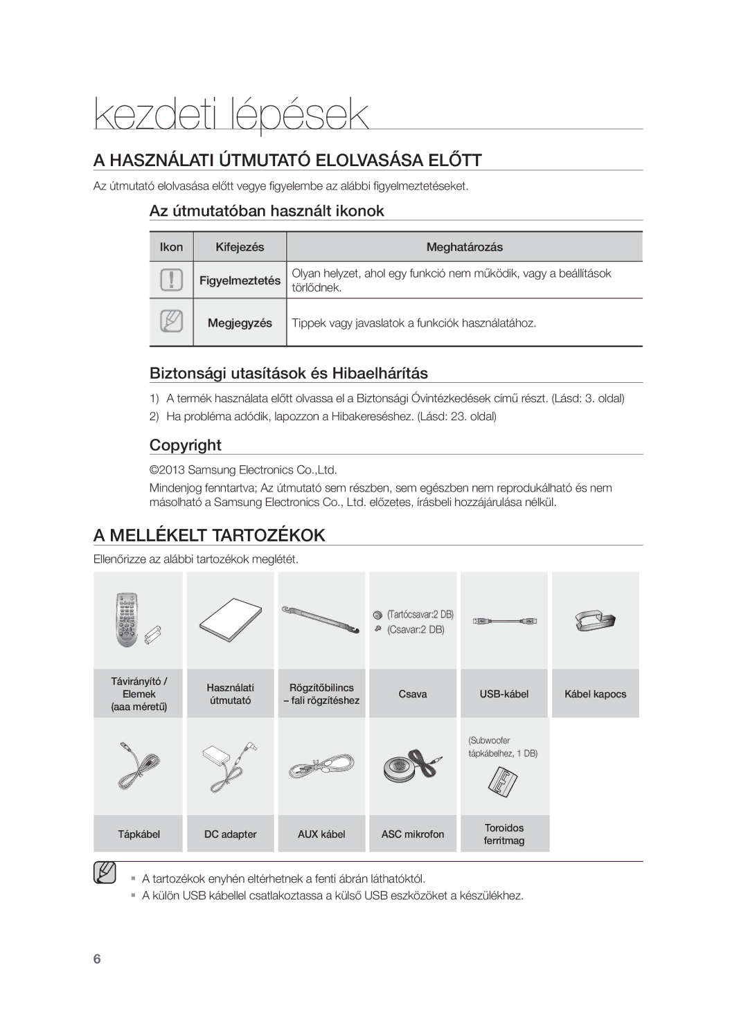 Samsung HW-F751/XE, HW-F751/EN, HW-F750/EN manual Kezdeti lépések, Használati Útmutató Elolvasása Előtt, Mellékelt Tartozékok 