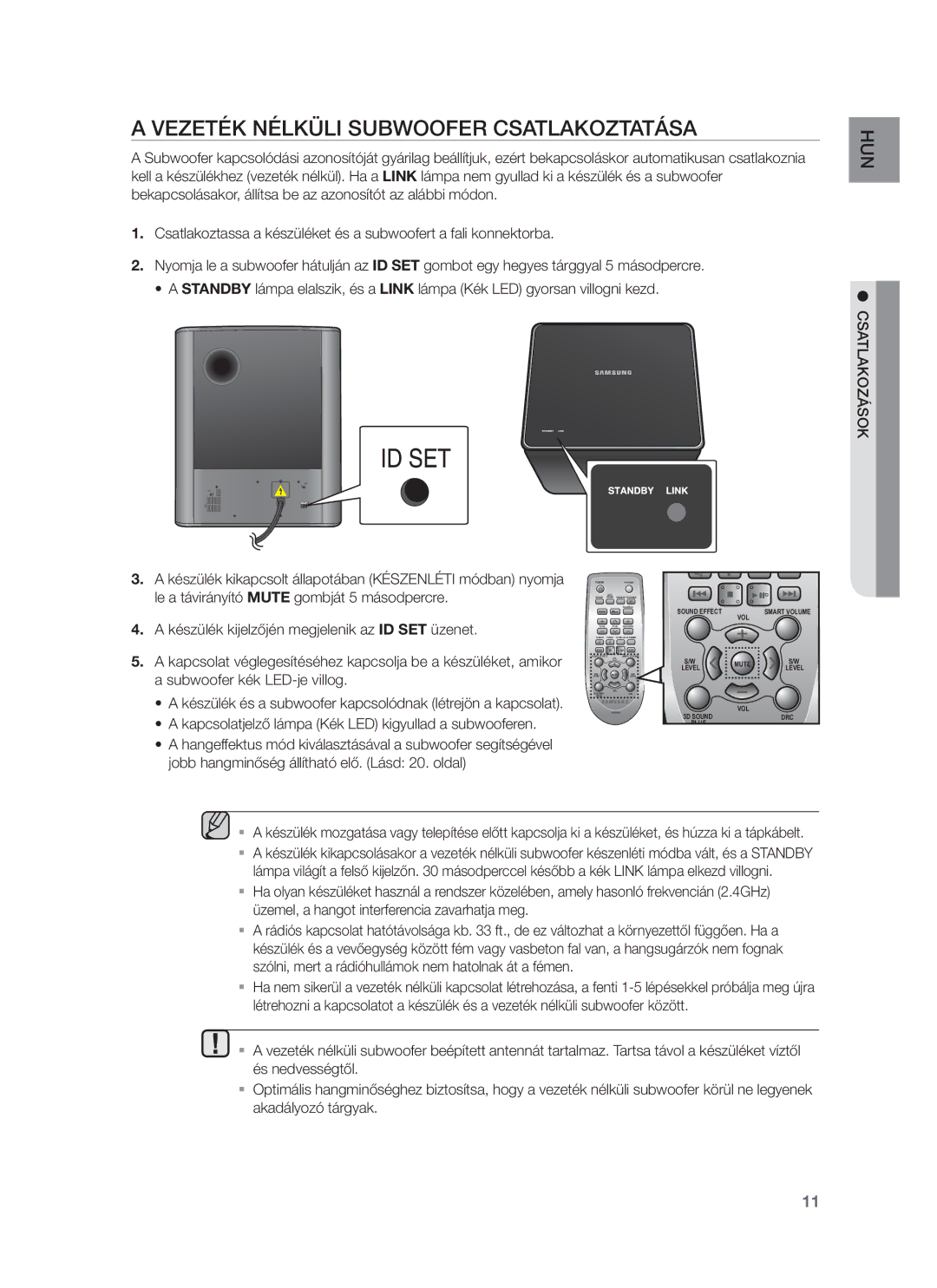 Samsung HW-F751/EN, HW-F750/EN, HW-F750/XE, HW-F751/XE manual Vezeték Nélküli Subwoofer Csatlakoztatása, Csatlakozások 