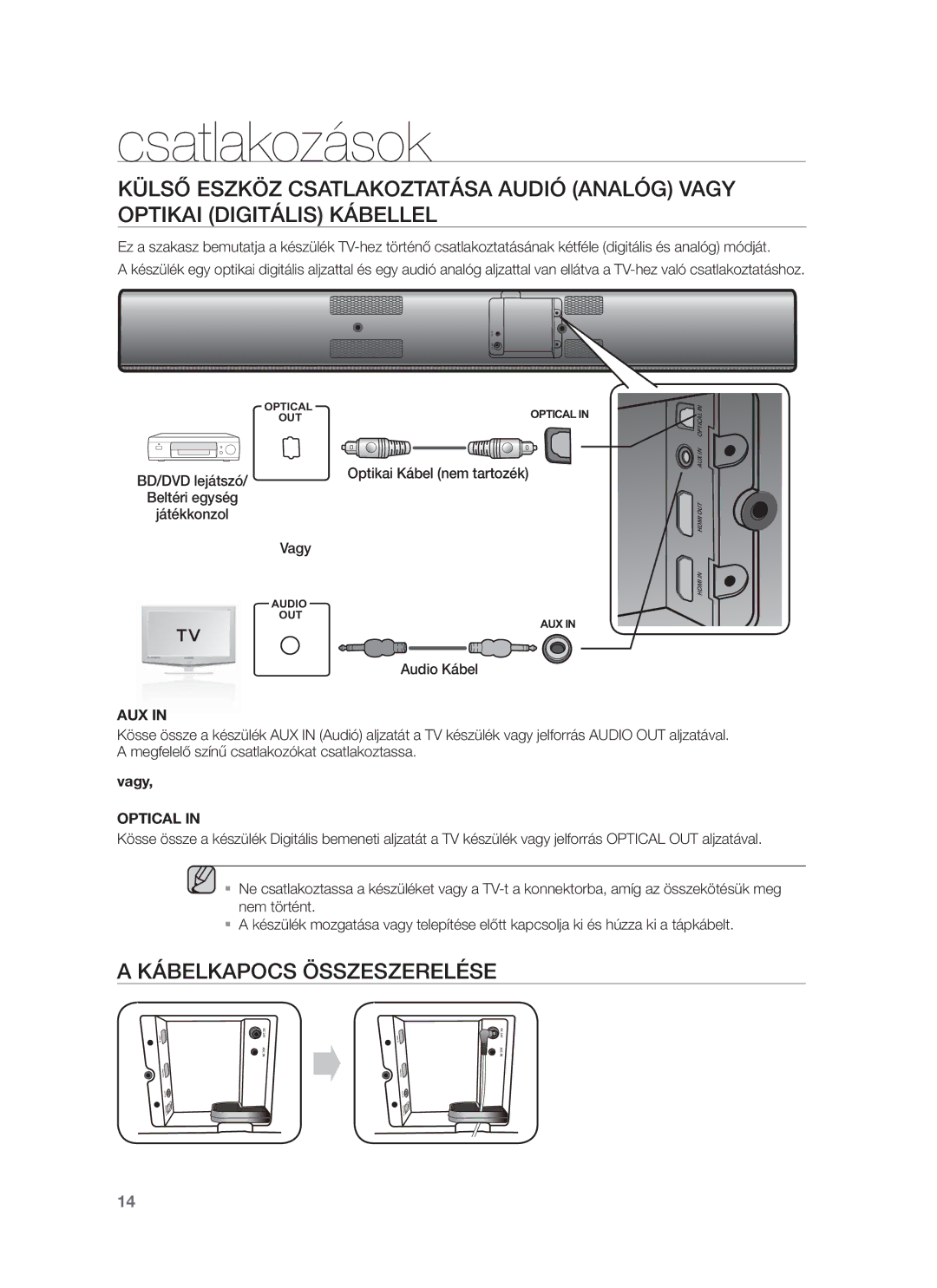 Samsung HW-F751/XE, HW-F751/EN, HW-F750/EN, HW-F750/XE manual Kábelkapocs Összeszerelése, Vagy, Audio Kábel 