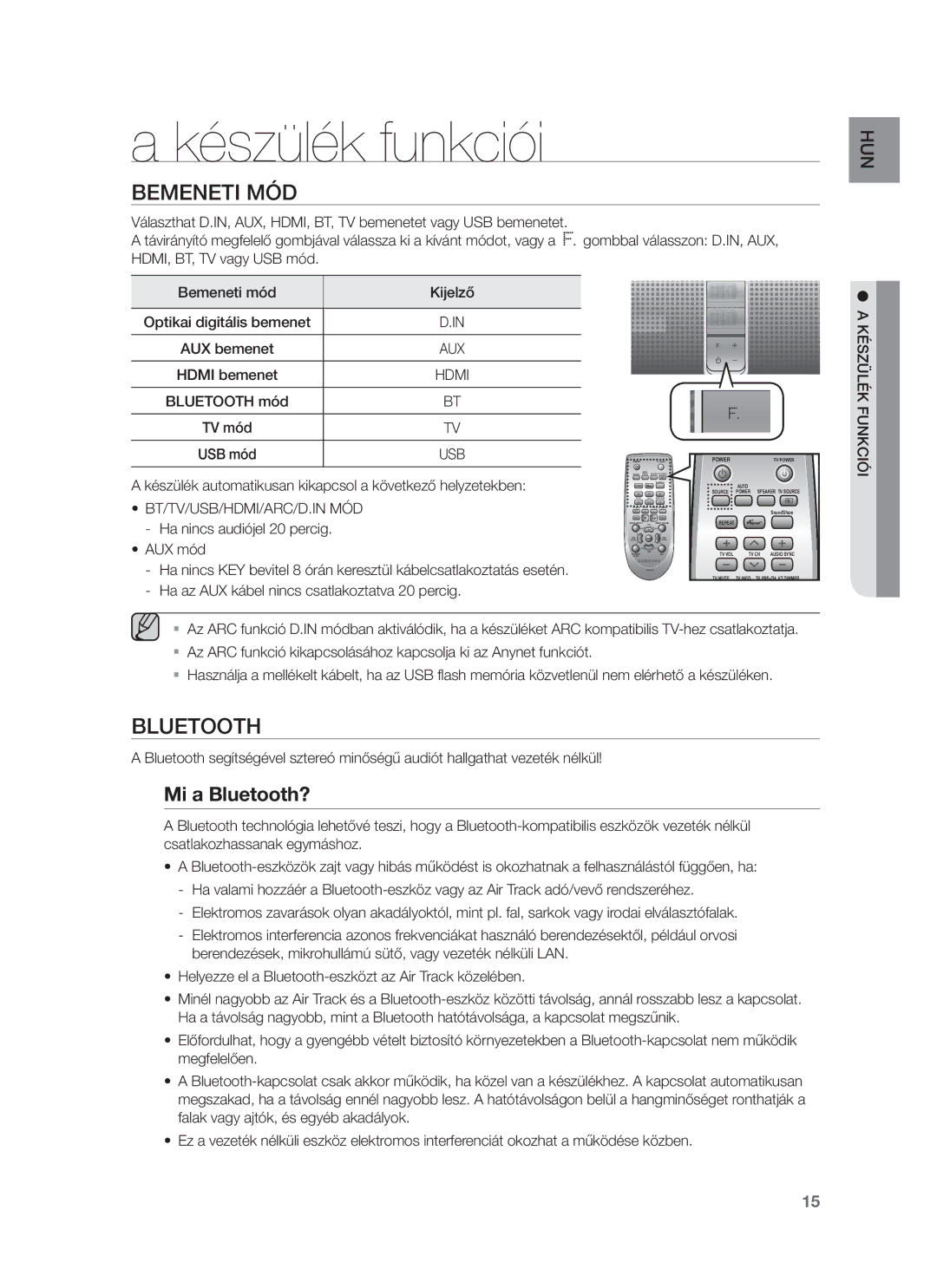 Samsung HW-F751/EN manual Készülék funkciói, Bemeneti MÓD, Mi a Bluetooth?, Bt/Tv/Usb/Hdmi/Arc/D.In Mód, Készülék Funkciói 