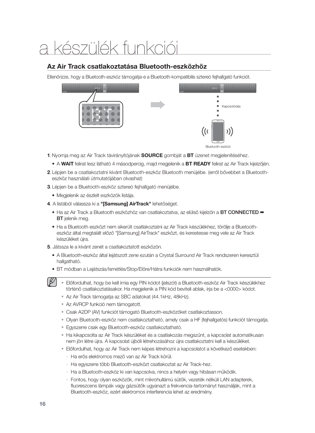 Samsung HW-F750/EN, HW-F751/EN, HW-F750/XE, HW-F751/XE manual Az Air Track csatlakoztatása Bluetooth-eszközhöz 