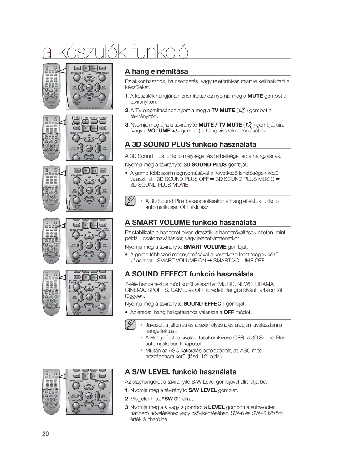 Samsung HW-F750/EN, HW-F751/EN manual Hang elnémítása, 3D Sound Plus funkció használata, Smart Volume funkció használata 