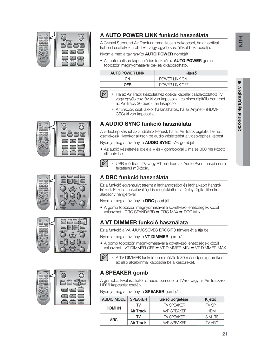 Samsung HW-F750/XE Auto Power Link funkció használata, Audio Sync funkció használata, DRC funkció használata, Speaker gomb 