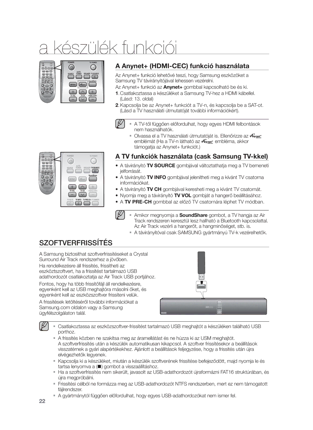 Samsung HW-F751/XE Szoftverfrissítés, Anynet+ HDMI-CEC funkció használata, TV funkciók használata cask Samsung TV-kkel 