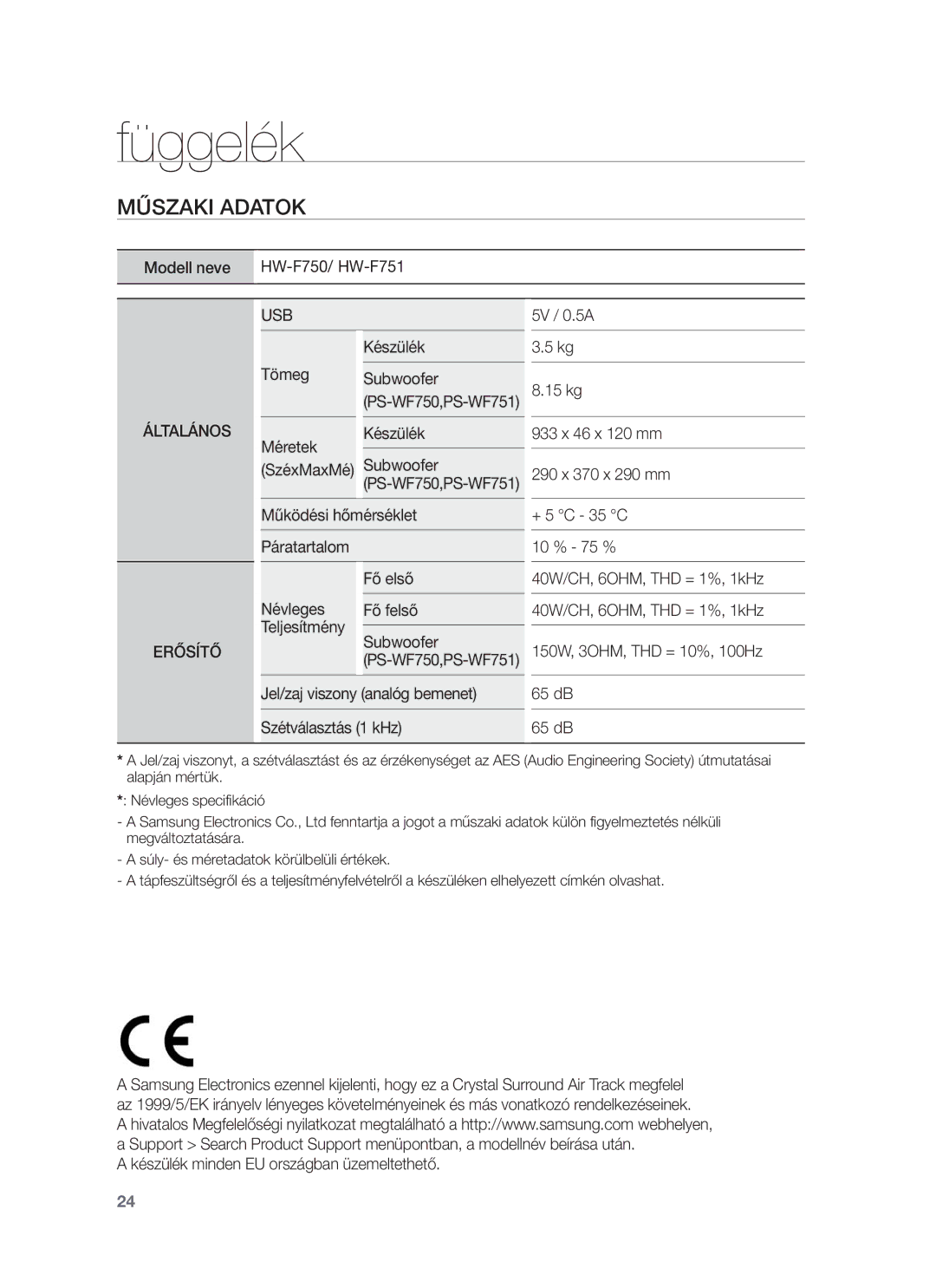 Samsung HW-F750/EN Függelék, Műszaki Adatok, PS-WF750,PS-WF751, 40W/CH, 6OHM, THD = 1%, 1kHz 40W/CH, 6OHM, THD = 1%, 1kHz 