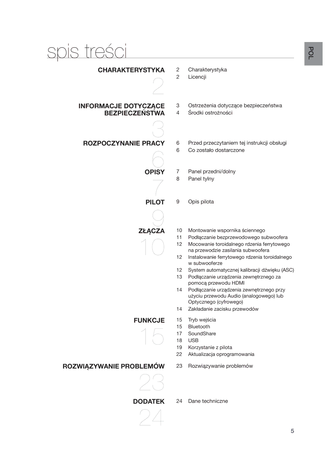 Samsung HW-F750/EN Spis treści, Charakterystyka 2 Charakterystyka 2 2 Licencji, Rozwiązywanie problemów Dane techniczne 