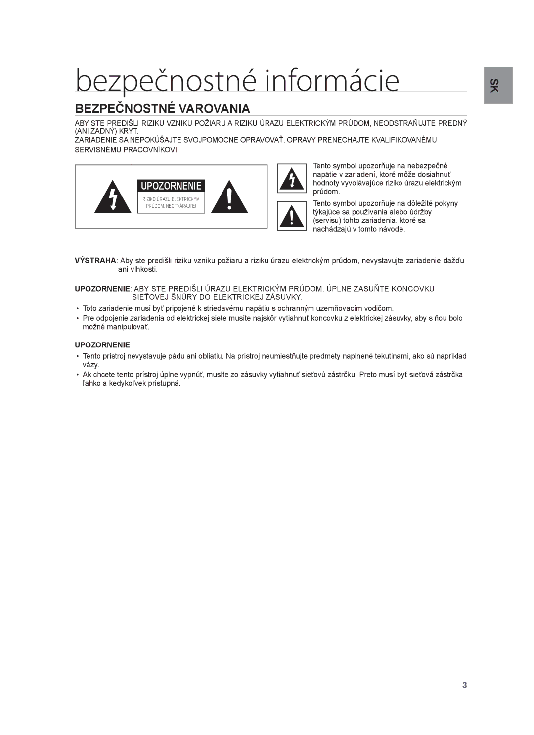 Samsung HW-F750/EN, HW-F751/EN, HW-F750/XE, HW-F751/XE manual Bezpečnostné informácie, Bezpečnostné Varovania 