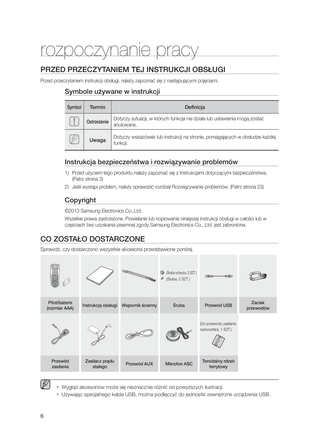 Samsung HW-F750/XE, HW-F751/EN Rozpoczynanie pracy, Przed Przeczytaniem TEJ Instrukcji Obsługi, CO Zostało Dostarczone 