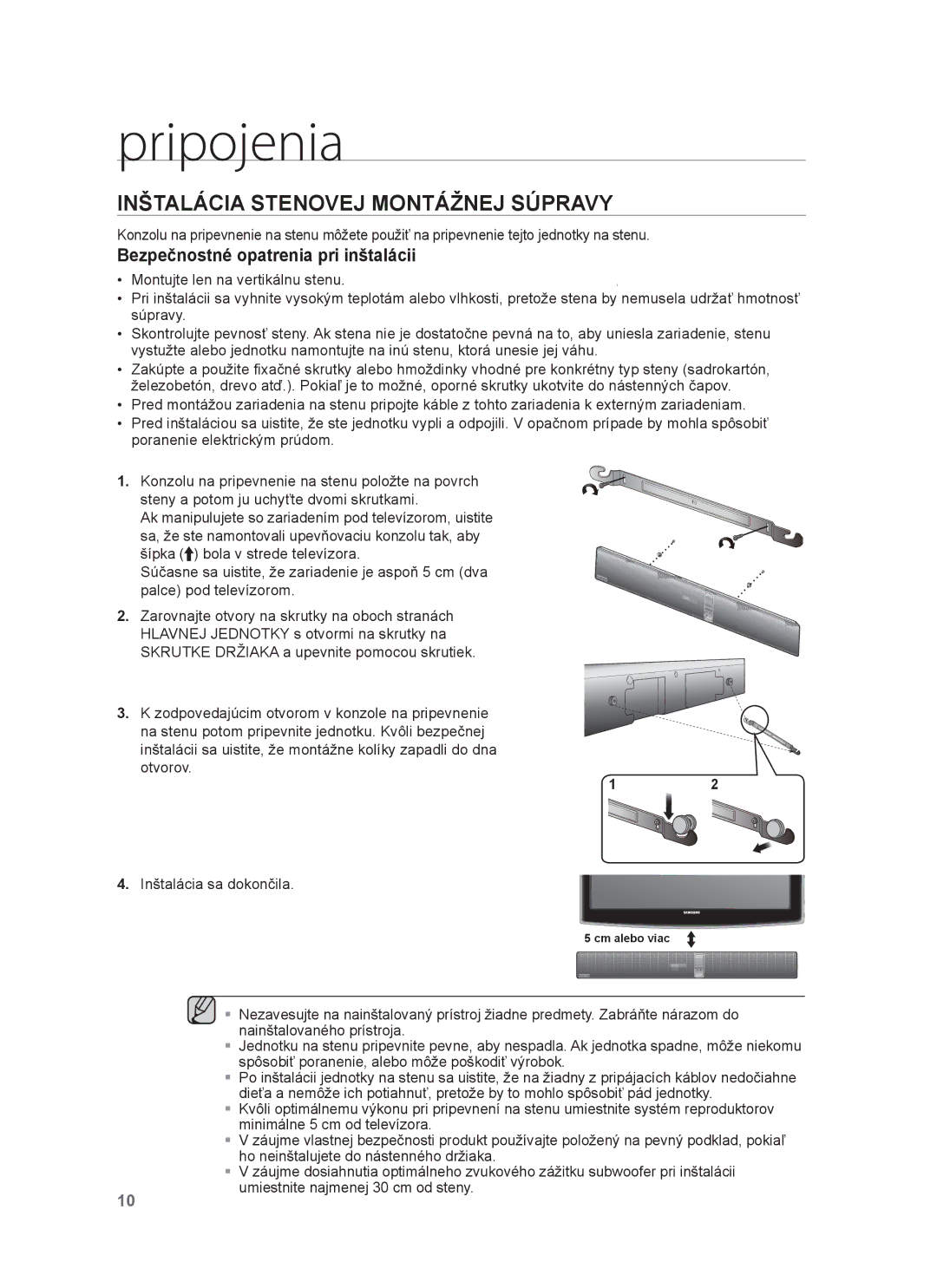 Samsung HW-F751/EN, HW-F750/EN, HW-F750/XE, HW-F751/XE manual Pripojenia, Inštalácia Stenovej Montážnej Súpravy 