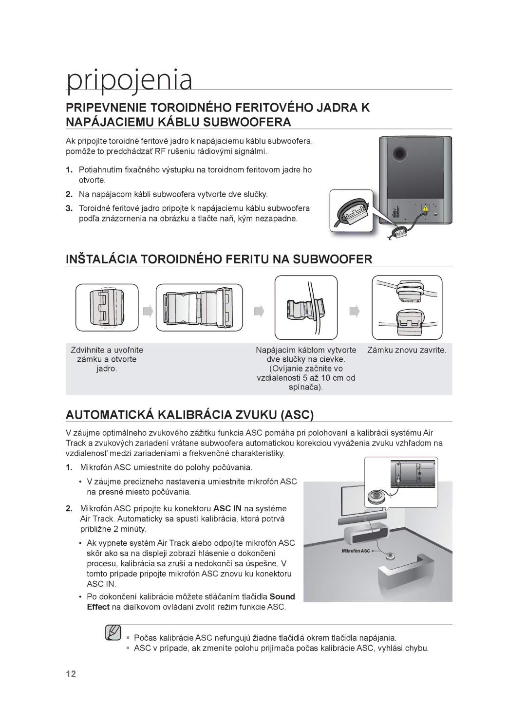 Samsung HW-F750/XE Inštalácia Toroidného Feritu NA Subwoofer, Automatická Kalibrácia Zvuku ASC, Ovíjanie začnite vo, Asc 