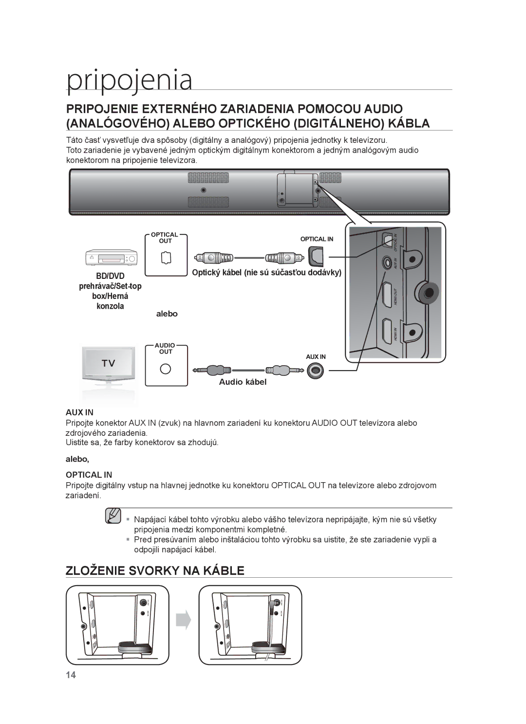 Samsung HW-F751/EN, HW-F750/EN, HW-F750/XE, HW-F751/XE manual Zloženie Svorky NA Káble, Alebo, Audio kábel 