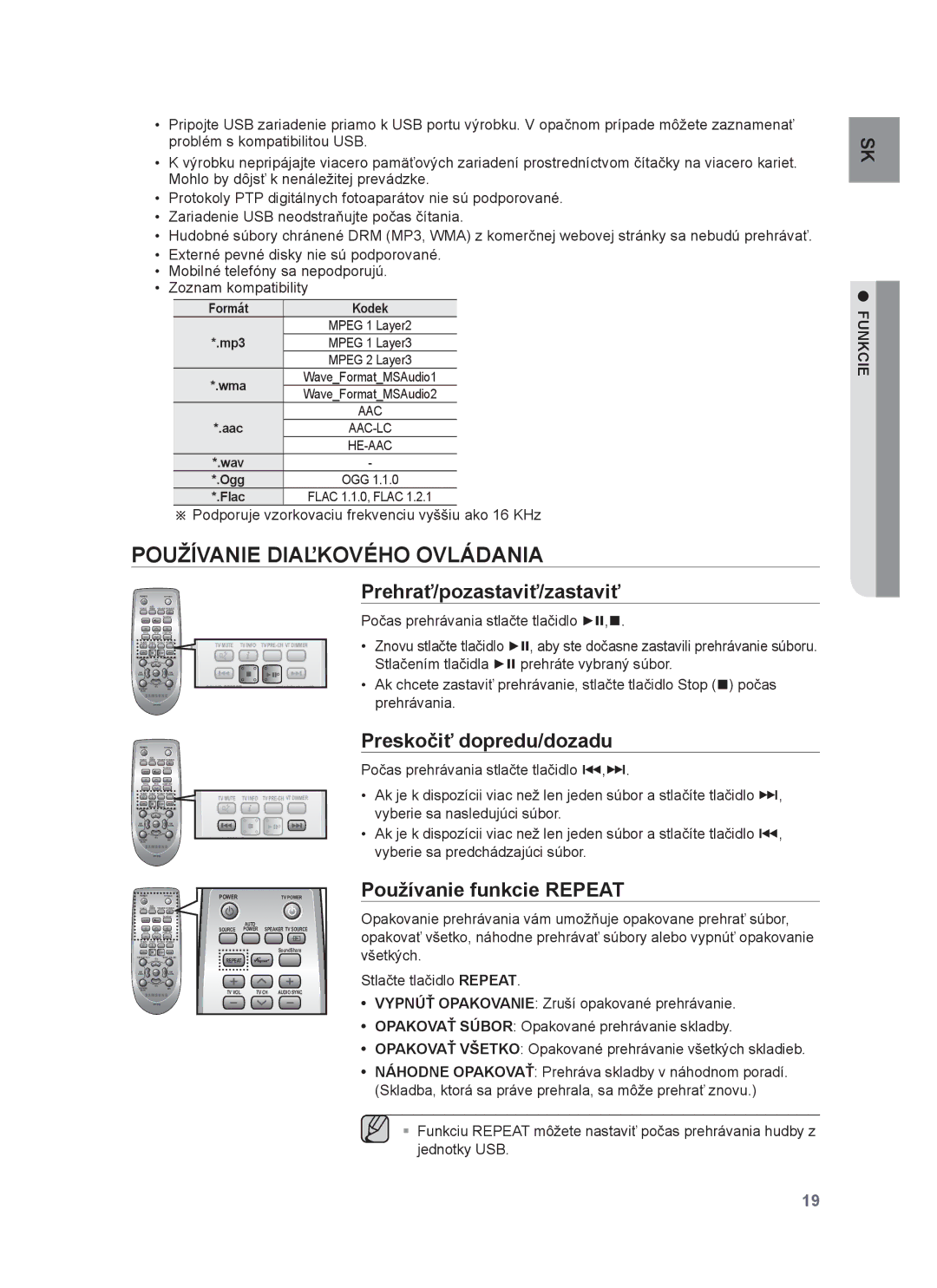 Samsung HW-F750/EN, HW-F751/EN manual Používanie Diaľkového Ovládania, Prehrať/pozastaviť/zastaviť, Preskočiť dopredu/dozadu 