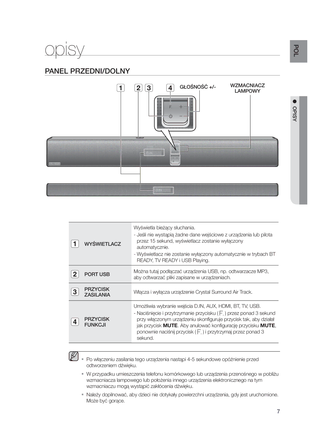 Samsung HW-F751/XE, HW-F751/EN, HW-F750/EN, HW-F750/XE manual Opisy, Panel PRZEDNI/DOLNY 