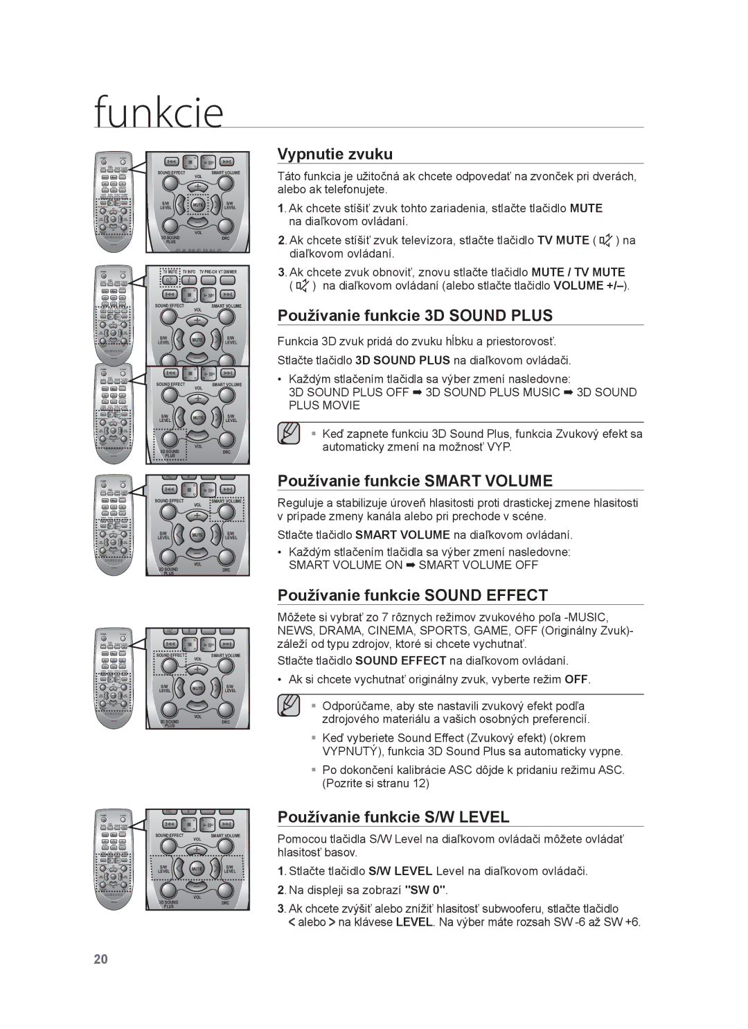 Samsung HW-F750/XE, HW-F751/EN manual Vypnutie zvuku, Používanie funkcie 3D Sound Plus, Používanie funkcie Smart Volume 