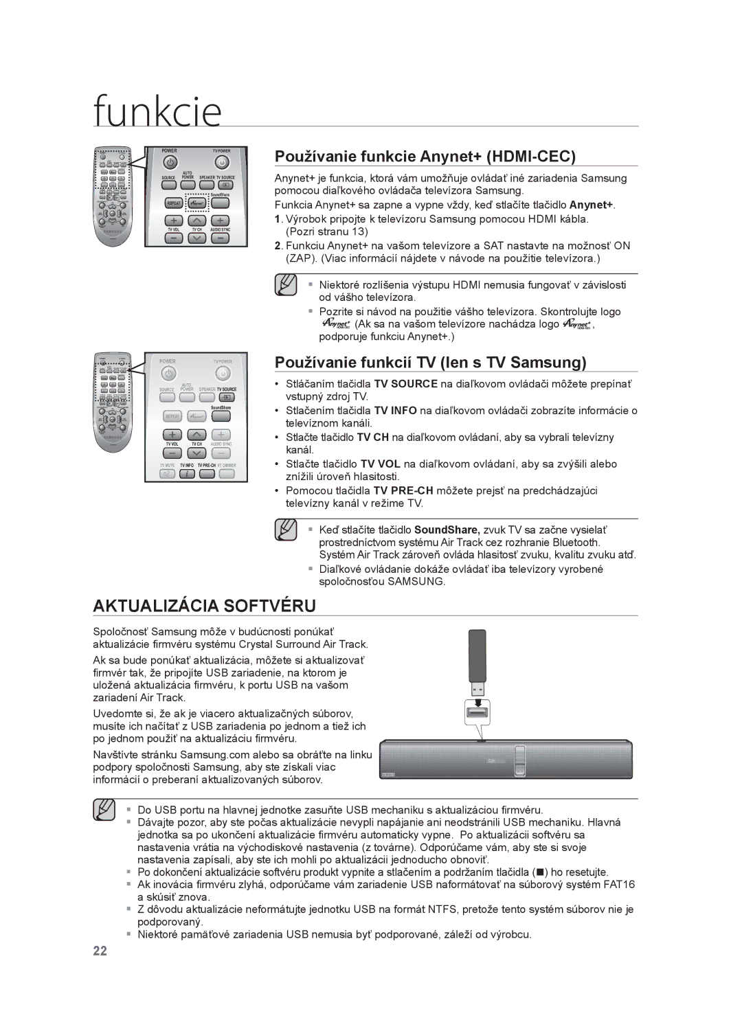 Samsung HW-F751/EN Aktualizácia Softvéru, Používanie funkcie Anynet+ HDMI-CEC, Používanie funkcií TV len s TV Samsung 