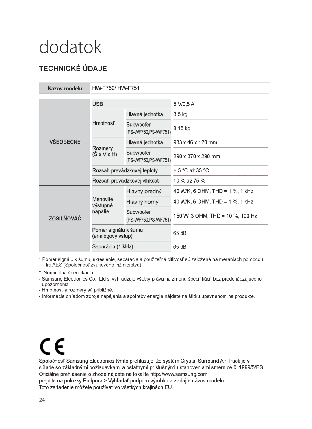 Samsung HW-F750/XE, HW-F751/EN, HW-F750/EN, HW-F751/XE manual Dodatok, Technické Údaje, Pomer signálu k šumu analógový vstup 