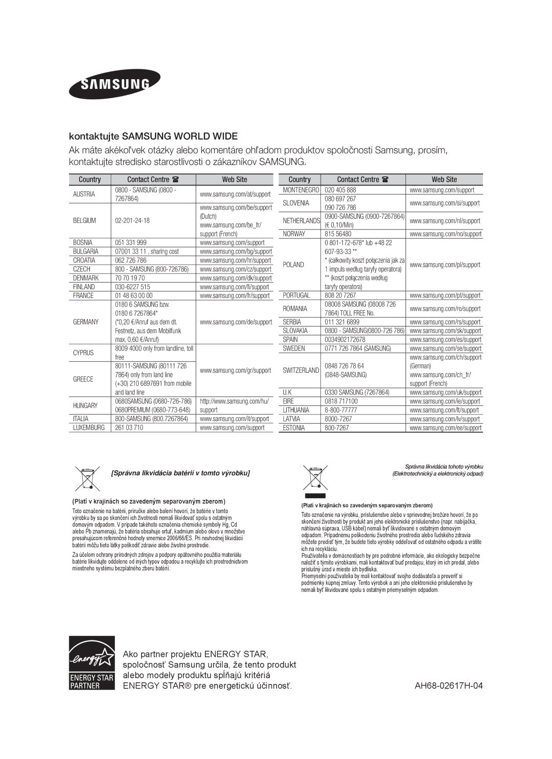 Samsung HW-F751/XE, HW-F751/EN, HW-F750/EN, HW-F750/XE manual Správna likvidácia batérií v tomto výrobku 