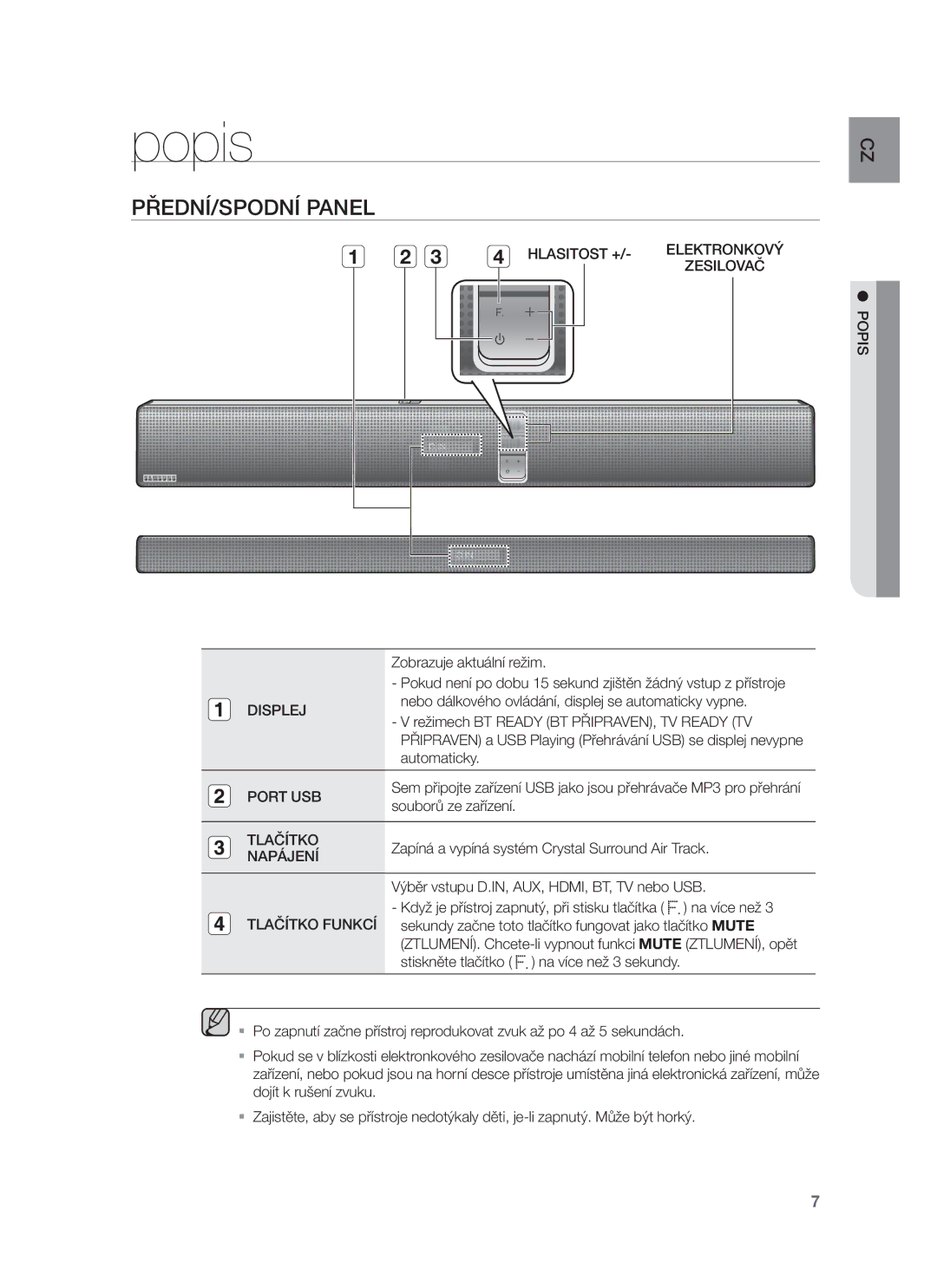 Samsung HW-F750/XE, HW-F751/EN, HW-F750/EN, HW-F751/XE manual PŘEDNÍ/SPODNÍ Panel 