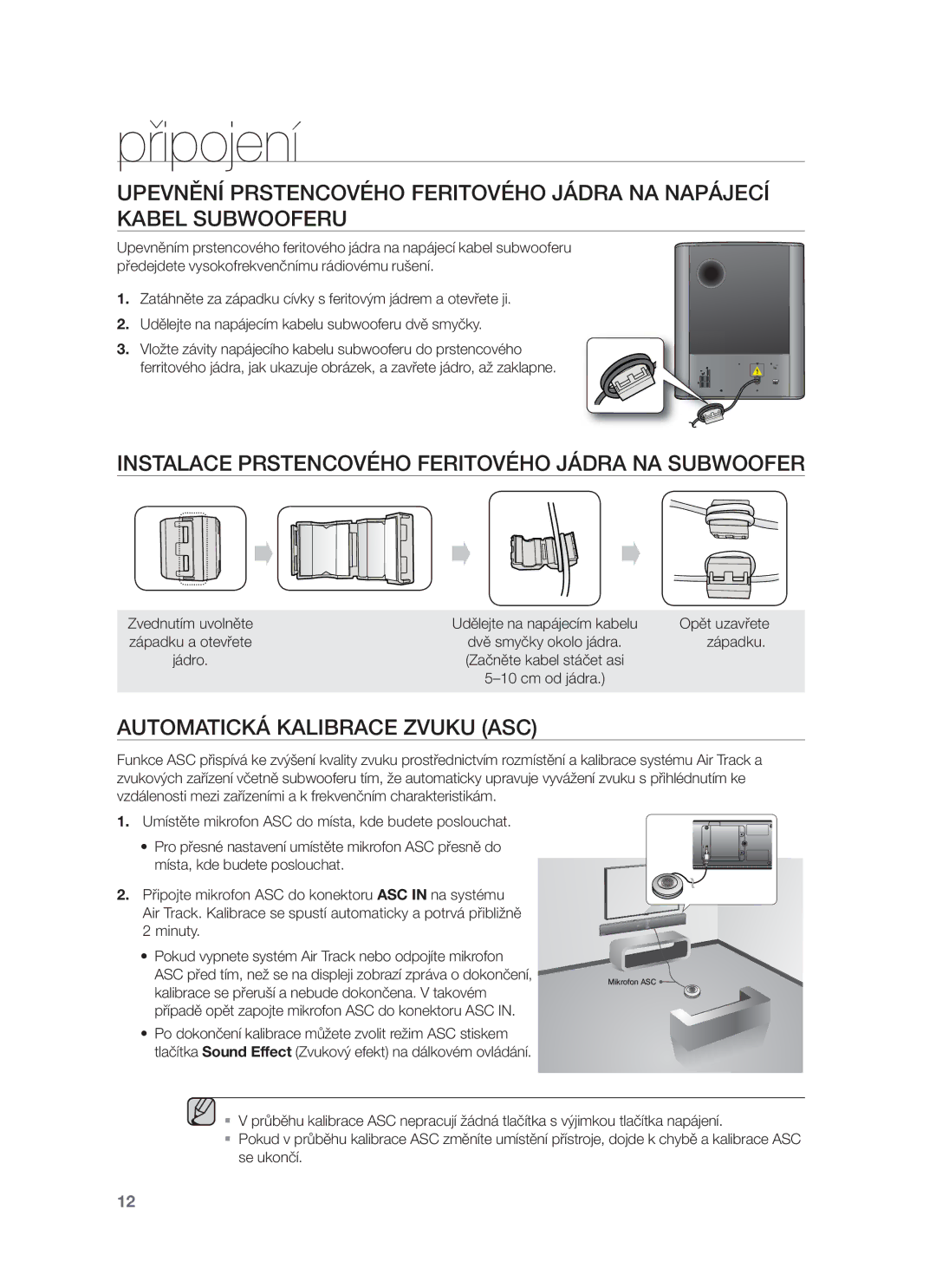 Samsung HW-F751/XE manual Instalace Prstencového Feritového Jádra NA Subwoofer, Automatická Kalibrace Zvuku ASC, Západku 